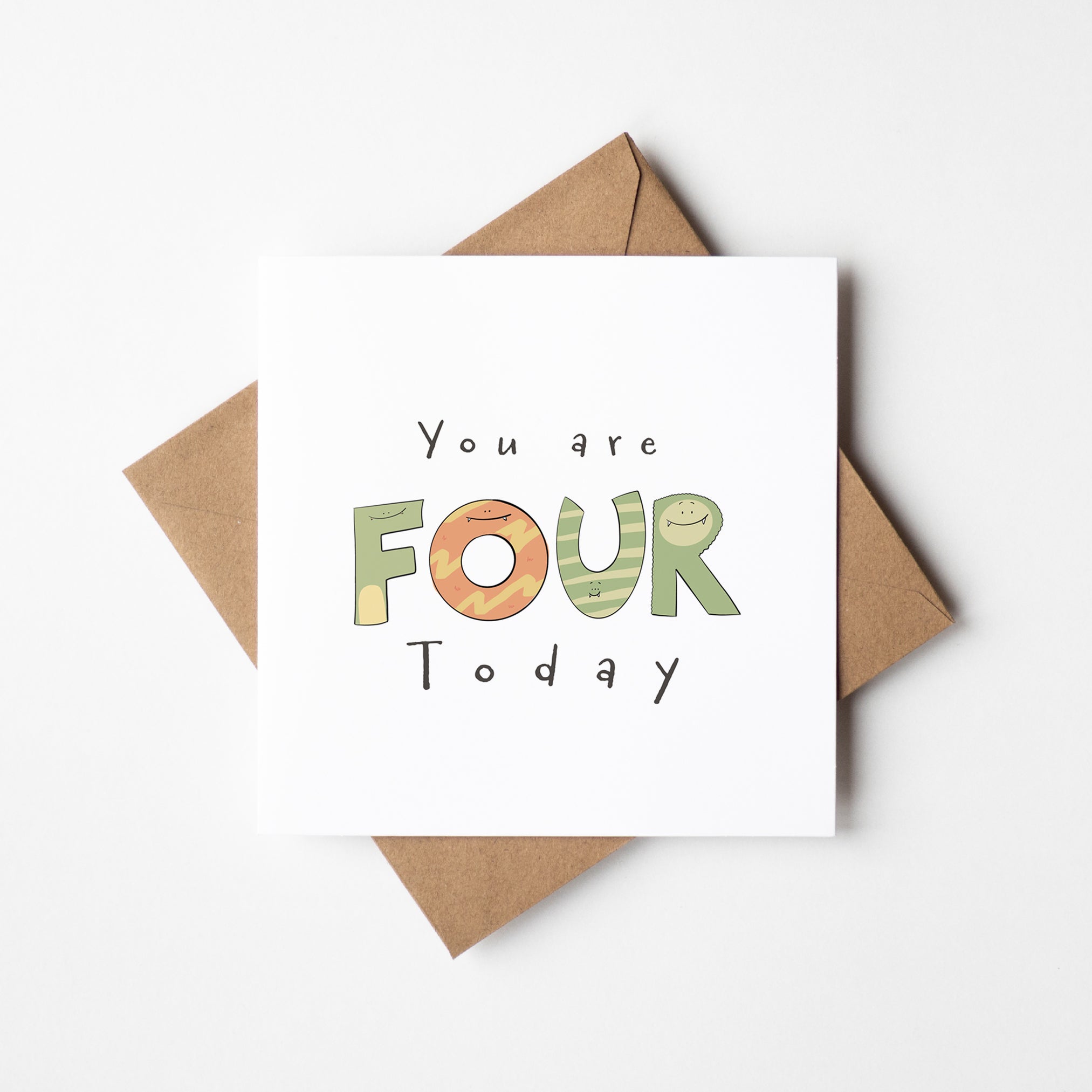 You're 4 Today monster birthday card featuring bright stripy letters spelling FOUR with toothy smiles