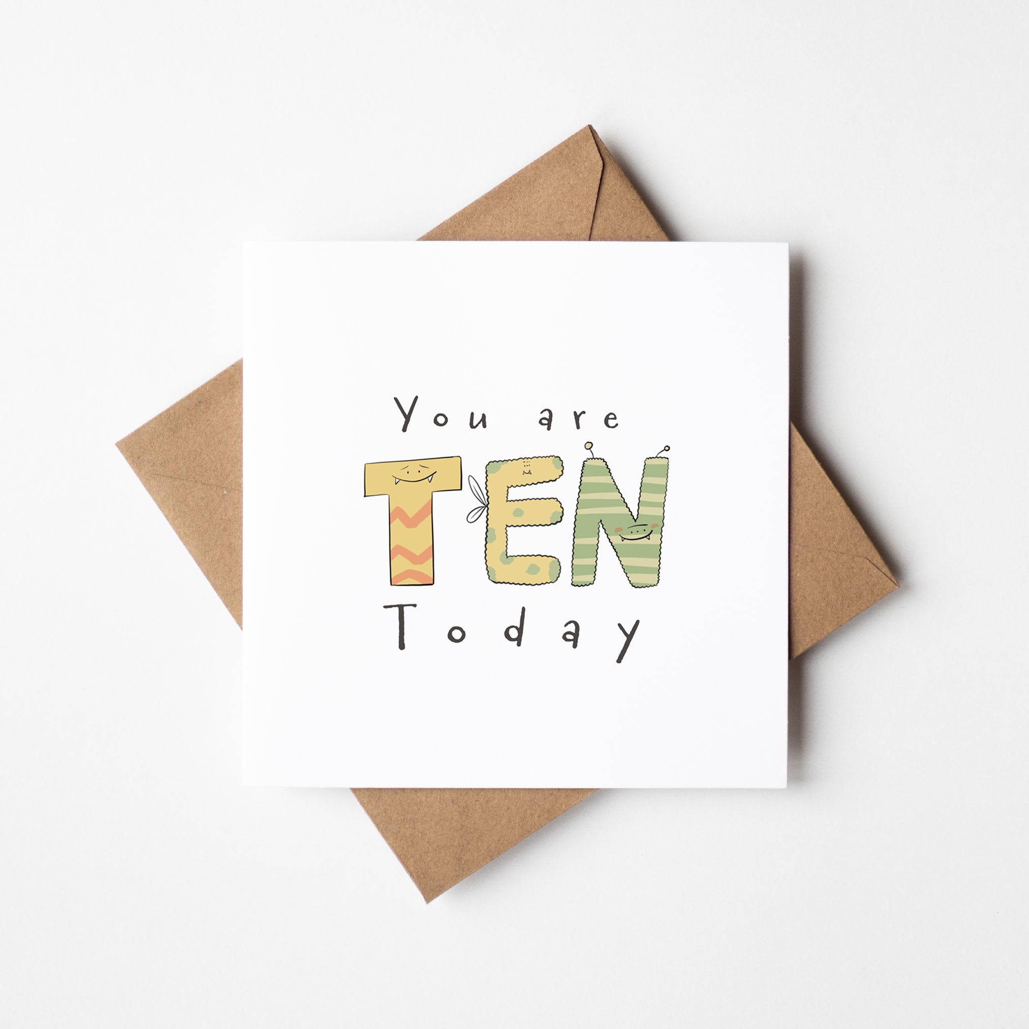 ou Are 10 Today monster birthday card featuring kawaii monster letters spelling TEN
