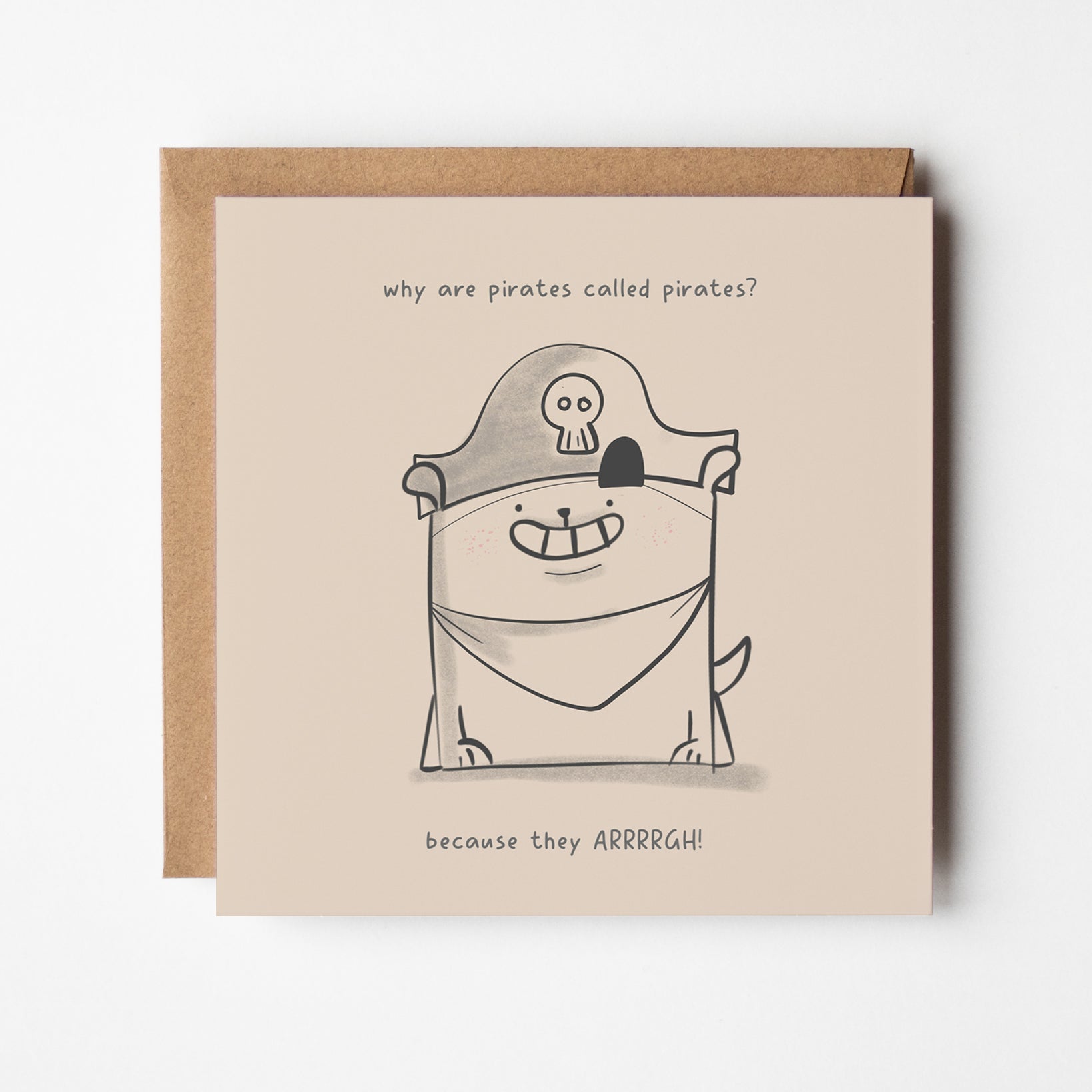 ute kawaii pirate dog greeting card with 'Why are pirates called pirates? Because they ARRRRGH!' joke