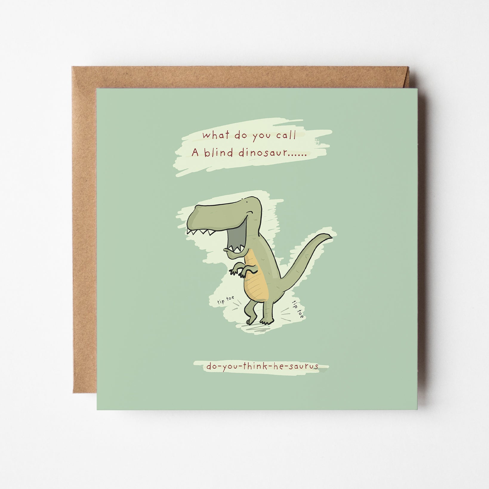 Funny dinosaur pun greeting card featuring adorable prehistoric character with sparkling eyes