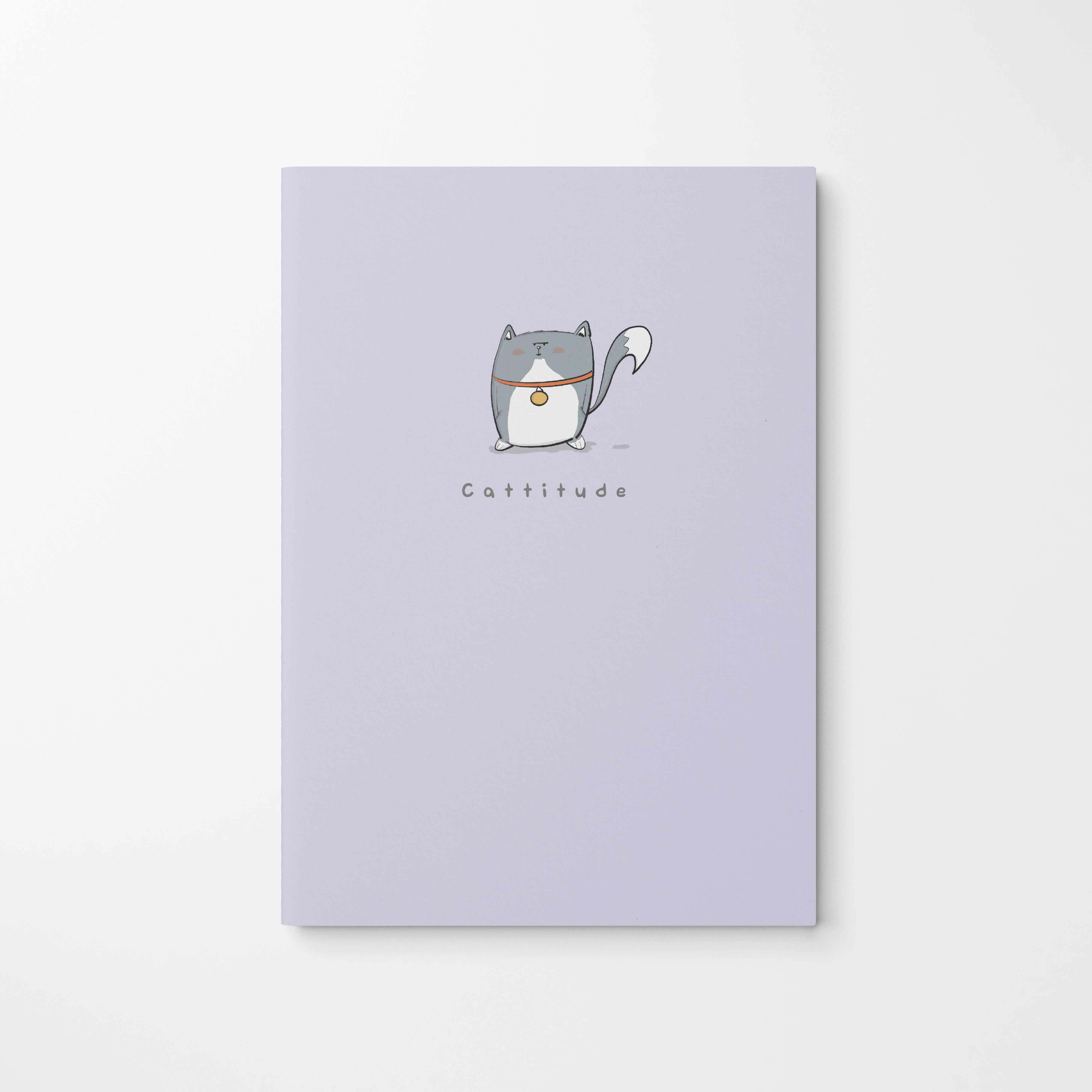 Cattitude A5 notebook with grey cat character on a purple cover – kawaii cat stationery UK