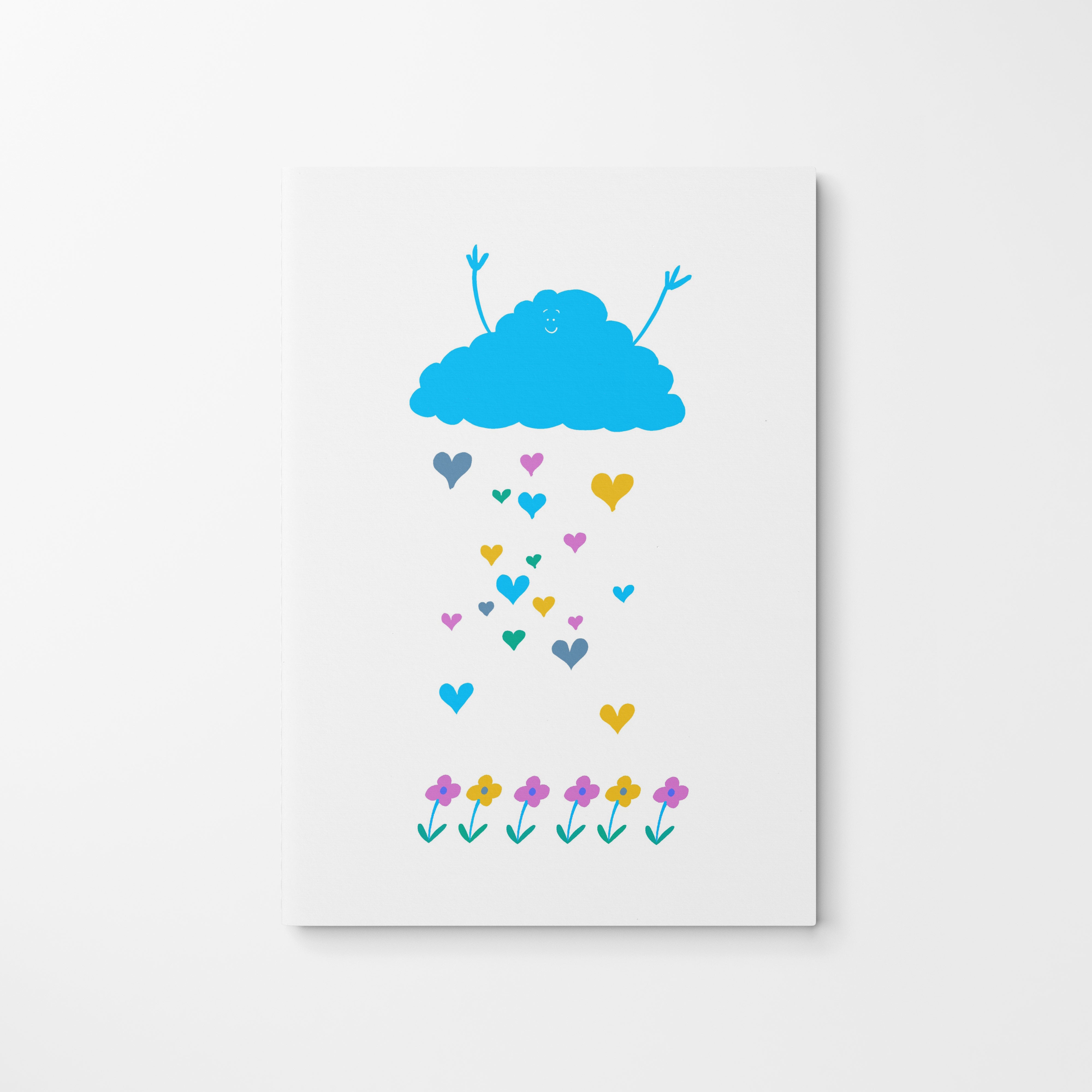 Cloud Raining Hearts A5 notebook with smiling blue cloud, hearts and flowers – kawaii stationery UK
