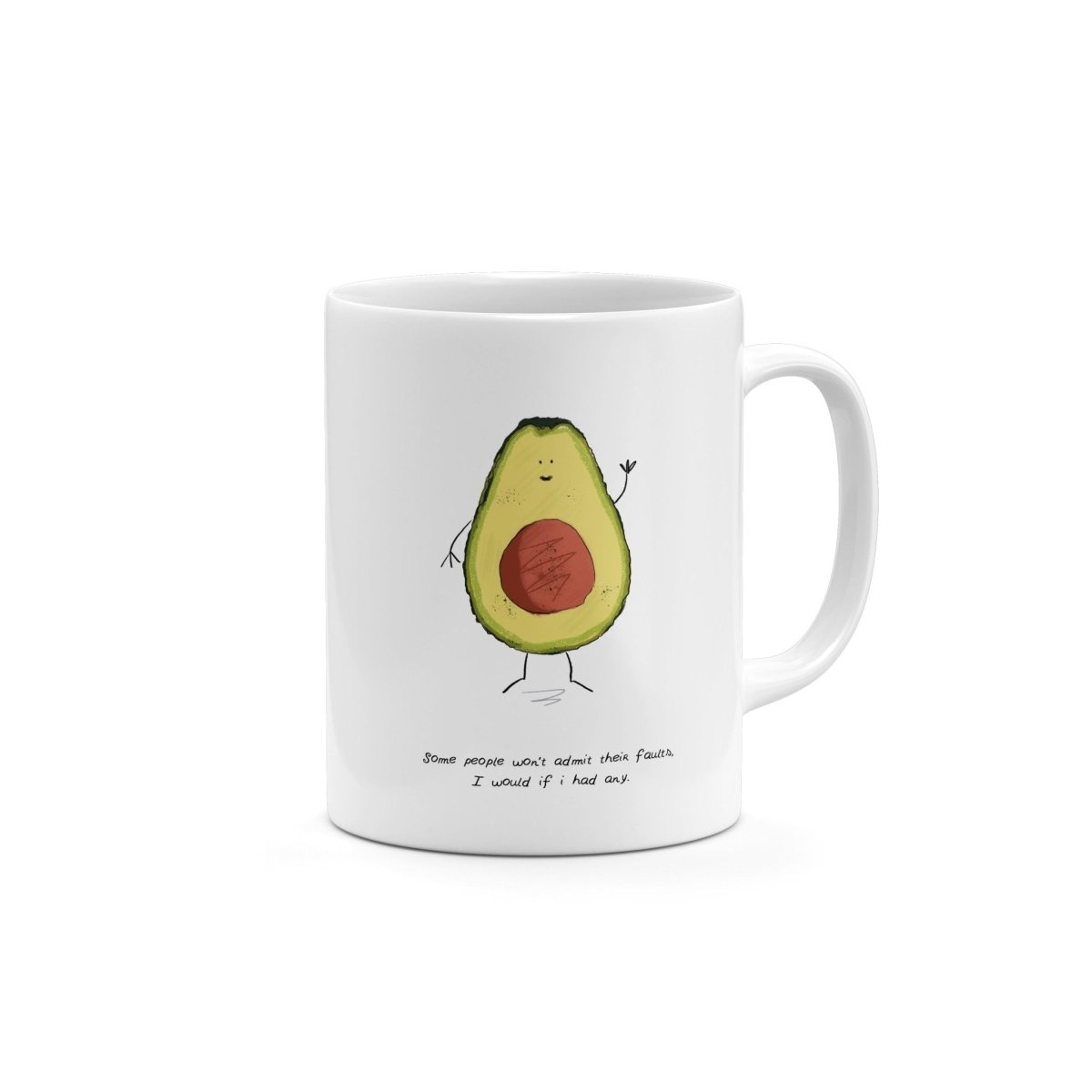 White mug with an avocado character design on a white background