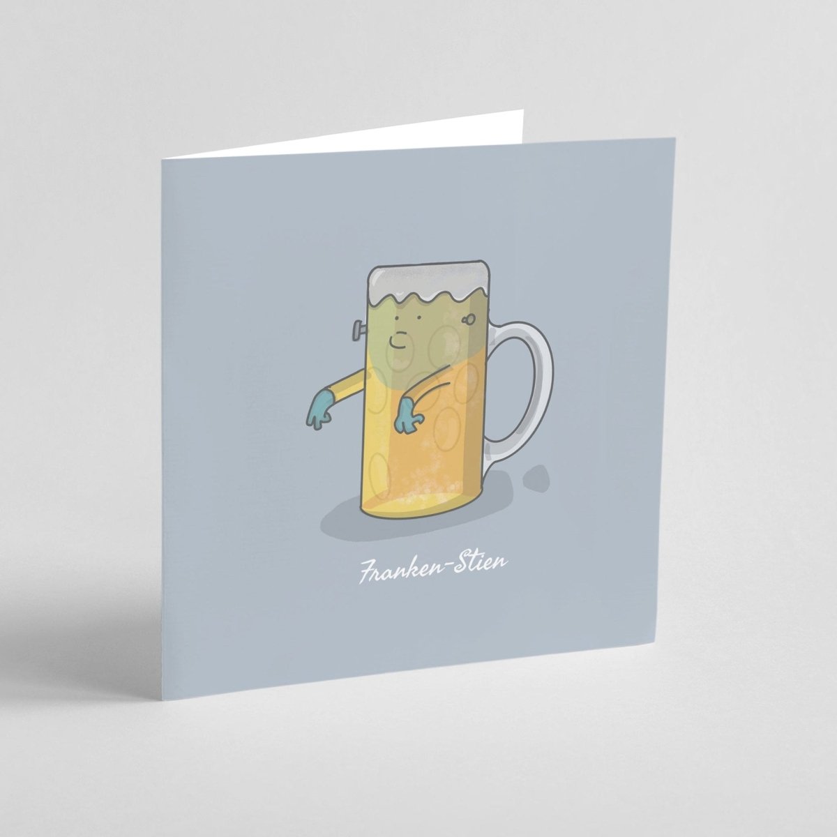 Greeting card with clever beer pun and Frankenstein character on blue-grey background
