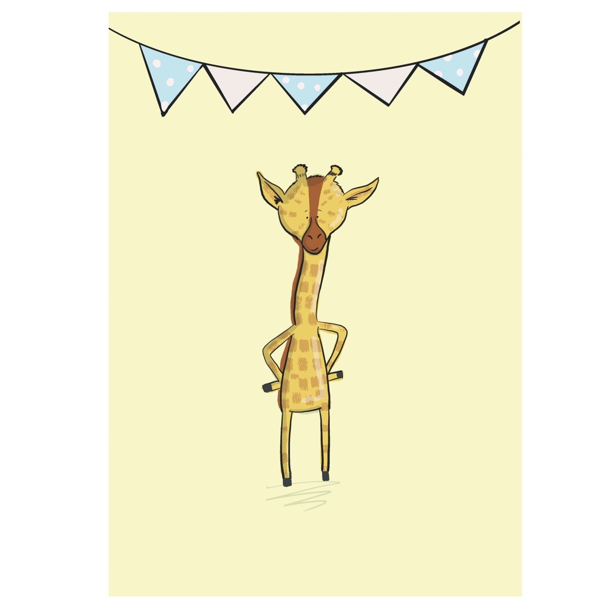 Illustration of a giraffe standing under a string of colorful triangular flags on a light yellow background.