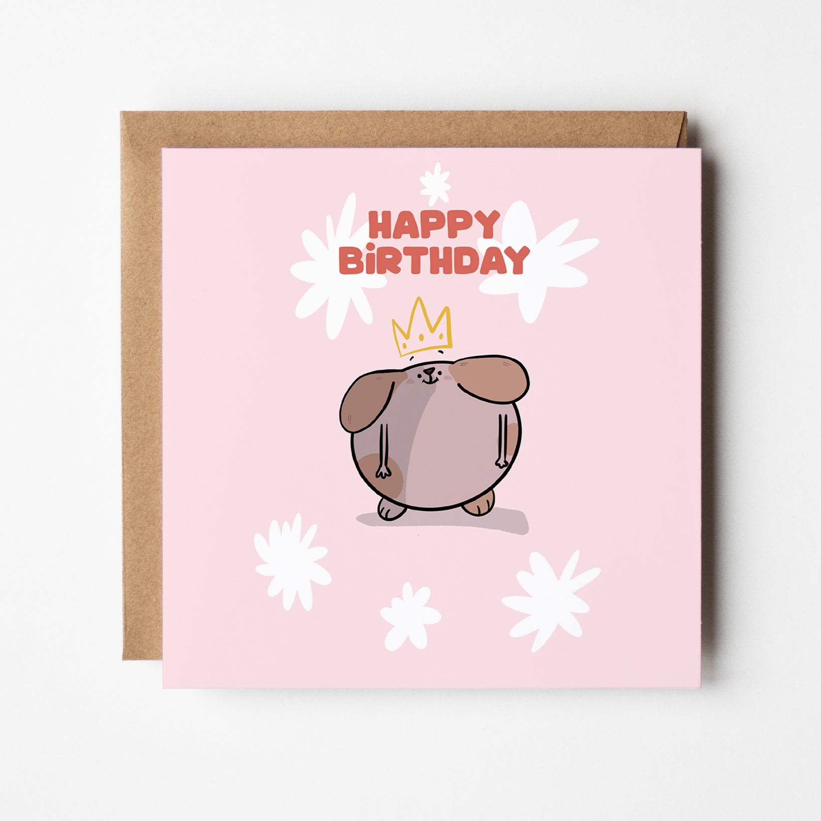 Happy Birthday Queen card featuring kawaii dog with golden crown and pink floral design