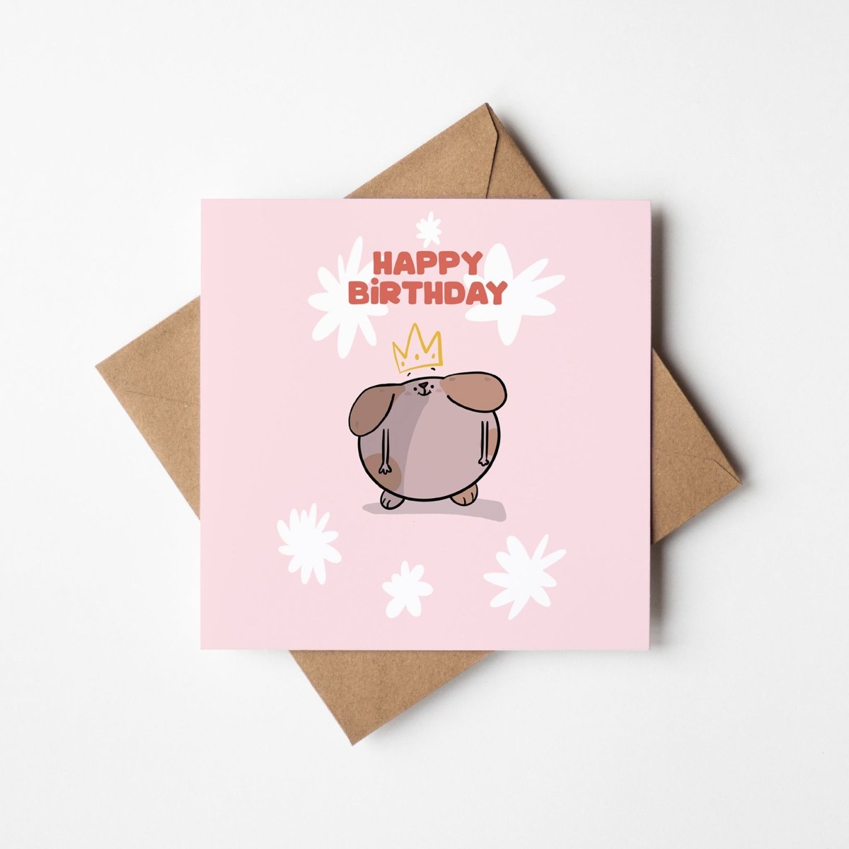 Birthday Queen square card  showing cute royal dog character with sassy expression and crown