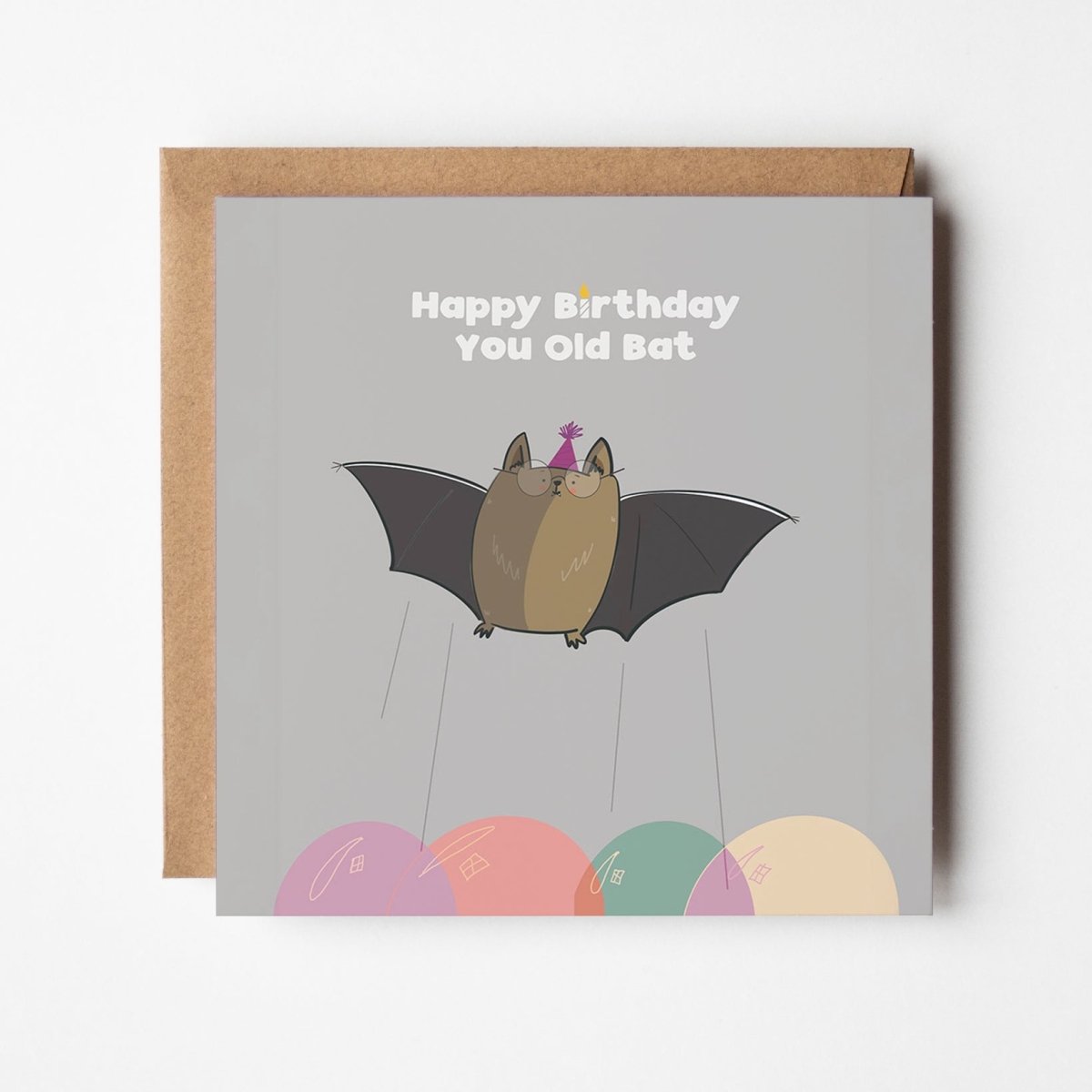 Old Bat birthday card mockup showing adorable bat character with playful insult design
