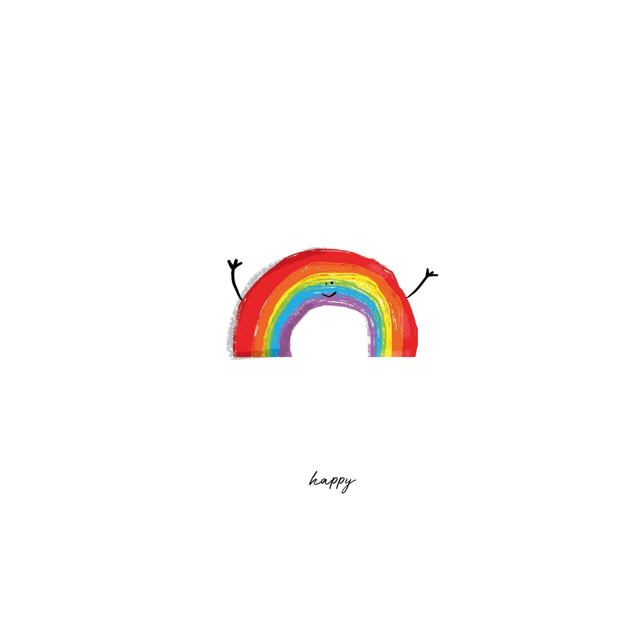 Colorful rainbow with arms and legs on a white background, accompanied by the word 'happy'.