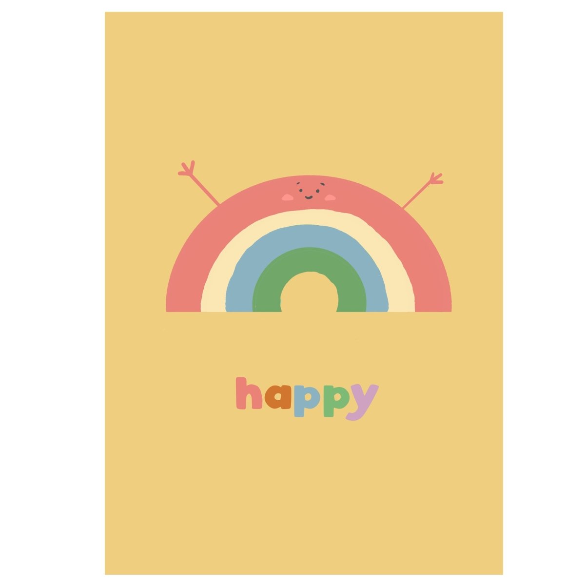 Cartoon rainbow with a happy face on a yellow background with the word 'happy'.