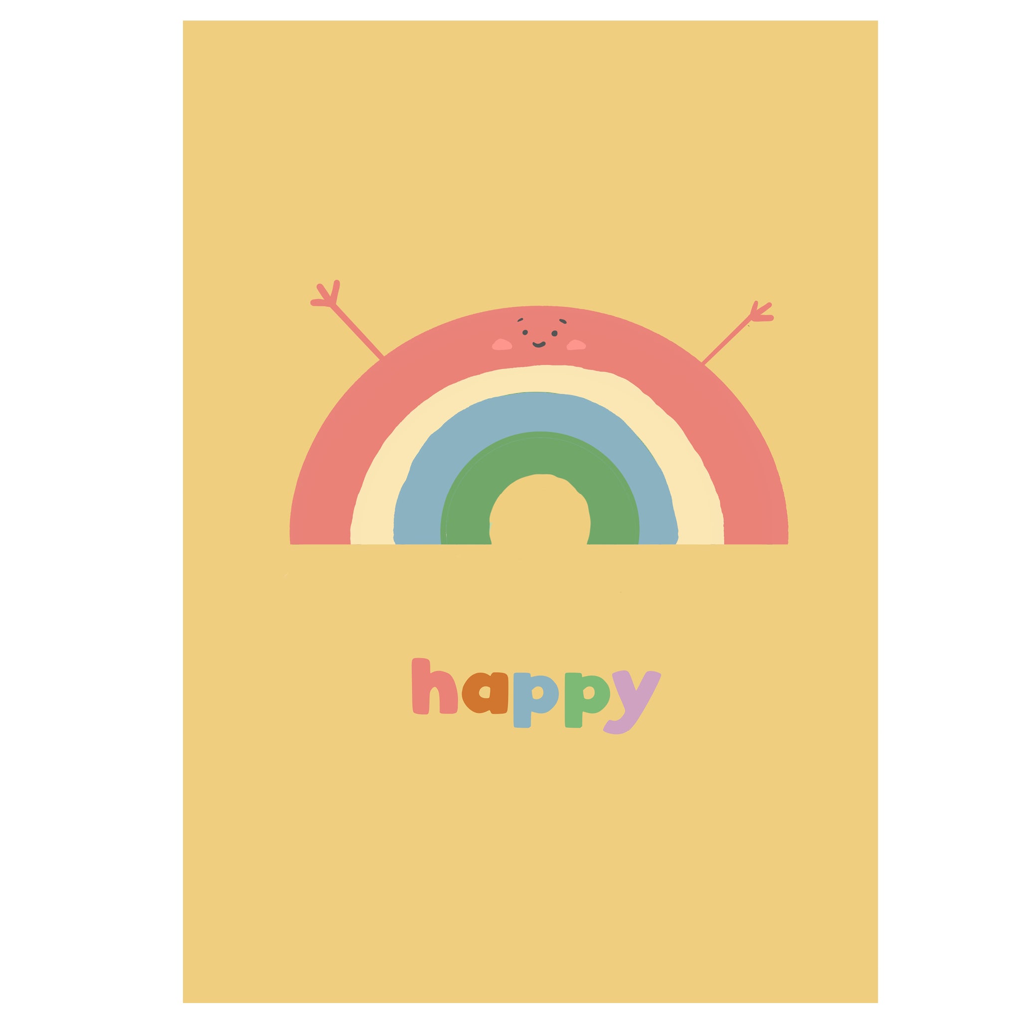 Cartoon rainbow with a happy face on a yellow background with the word 'happy'.