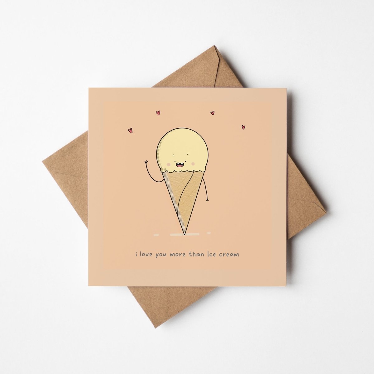  Love You More Than Ice Cream funny love card featuring adorable smiling ice cream cone character
