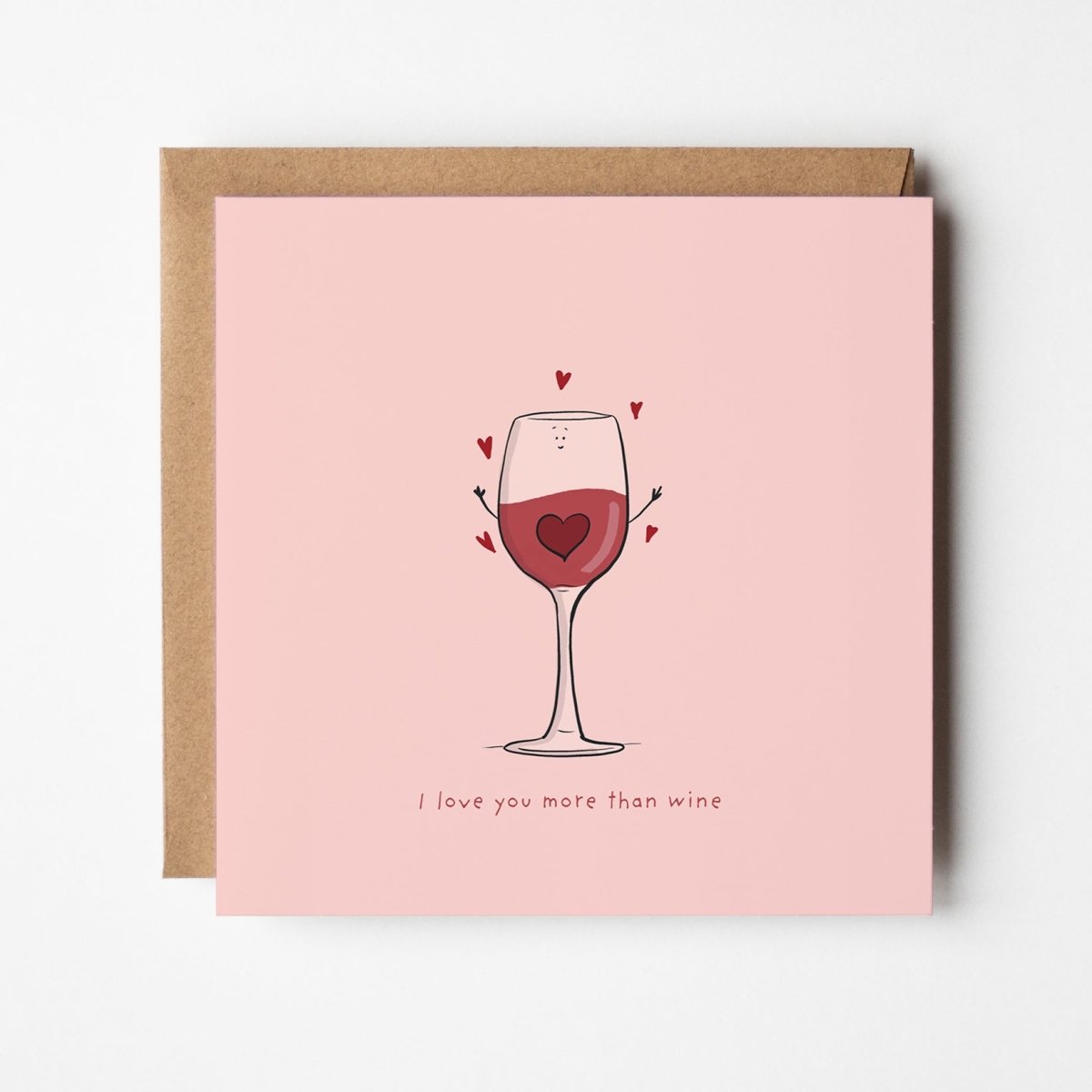 Romantic wine lover's card featuring smiling wine glass with heart decorations
