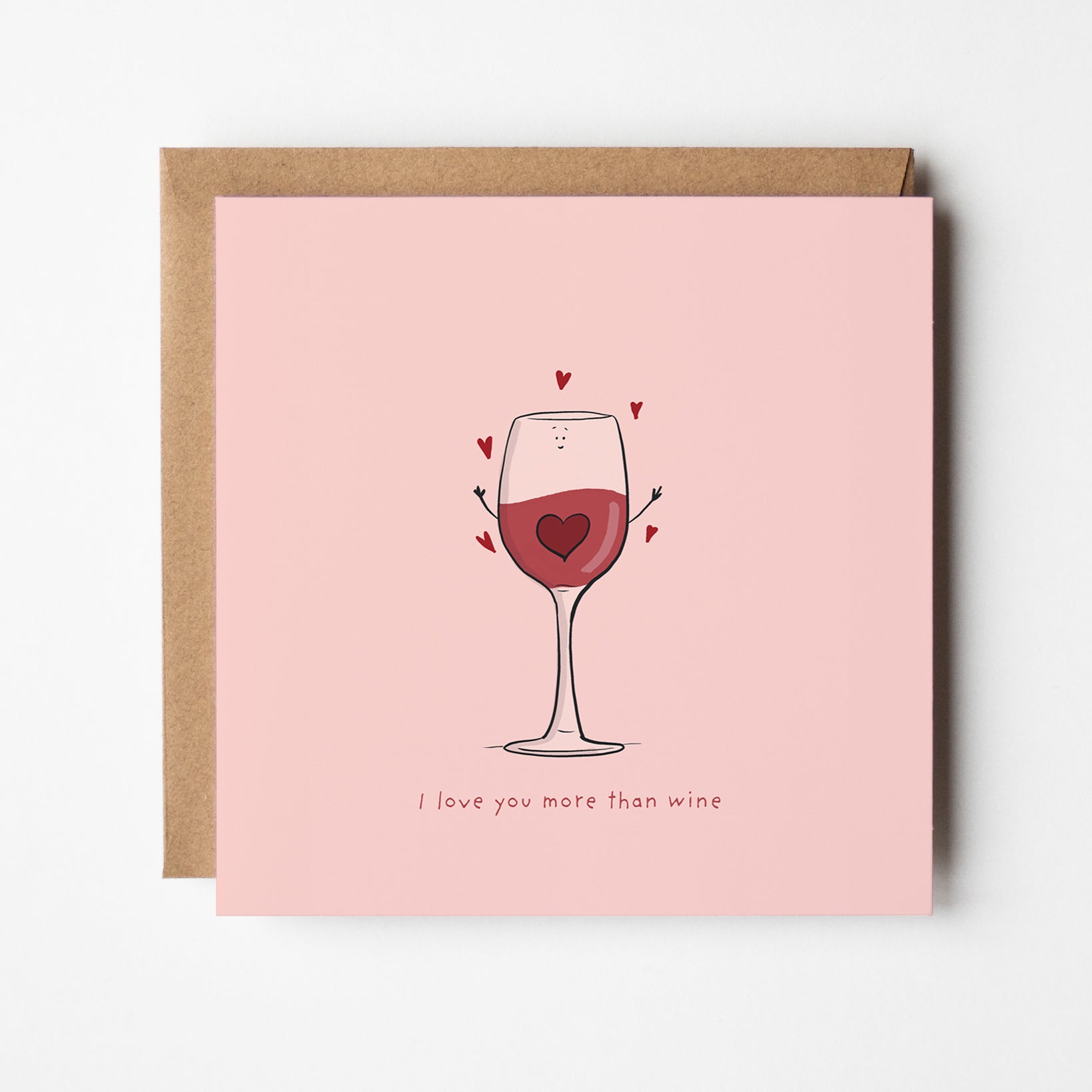 Romantic wine lover's card featuring smiling wine glass with heart decorations