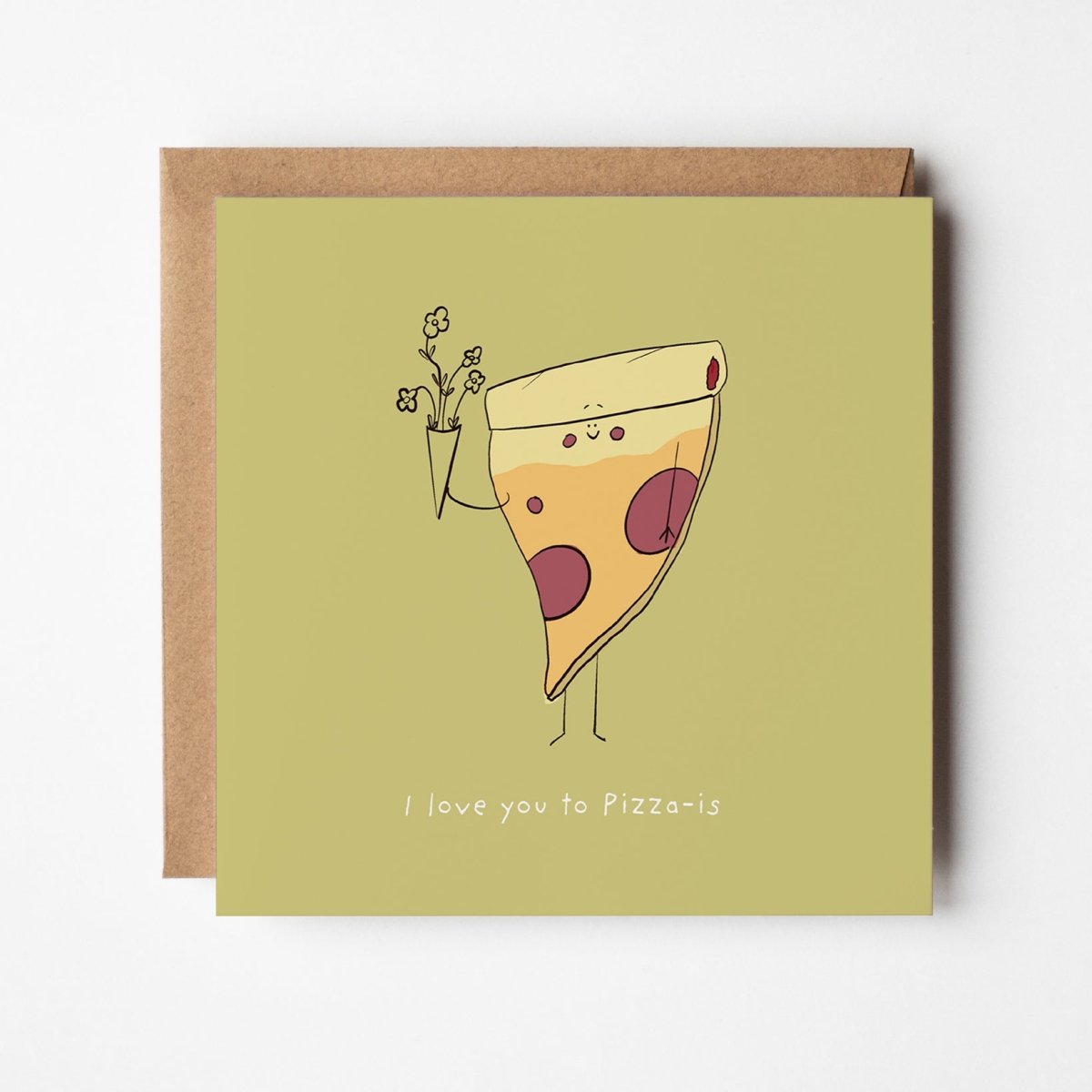 unny pizza love card  showing adorable pizza character with melty cheese and kawaii design