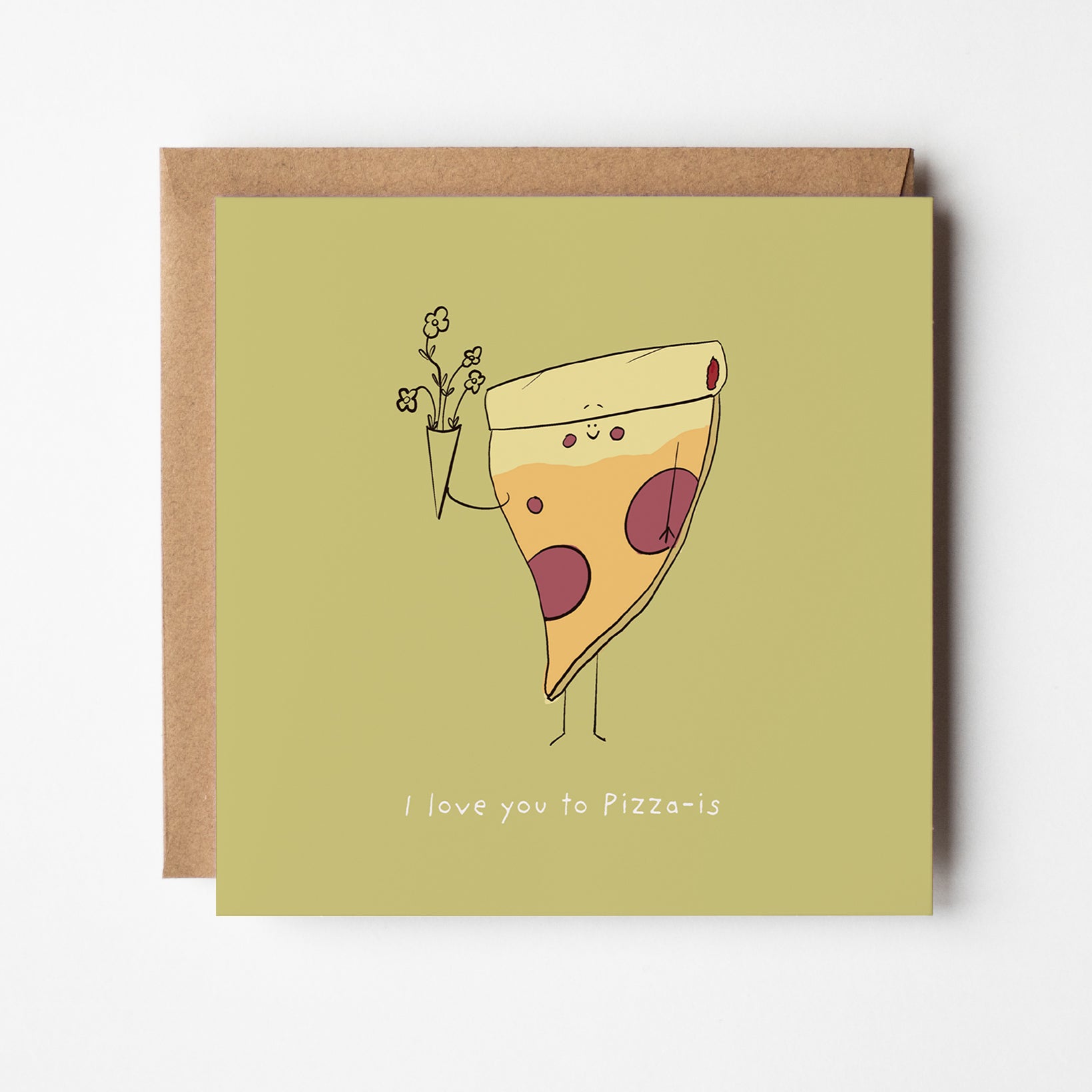 unny pizza love card  showing adorable pizza character with melty cheese and kawaii design