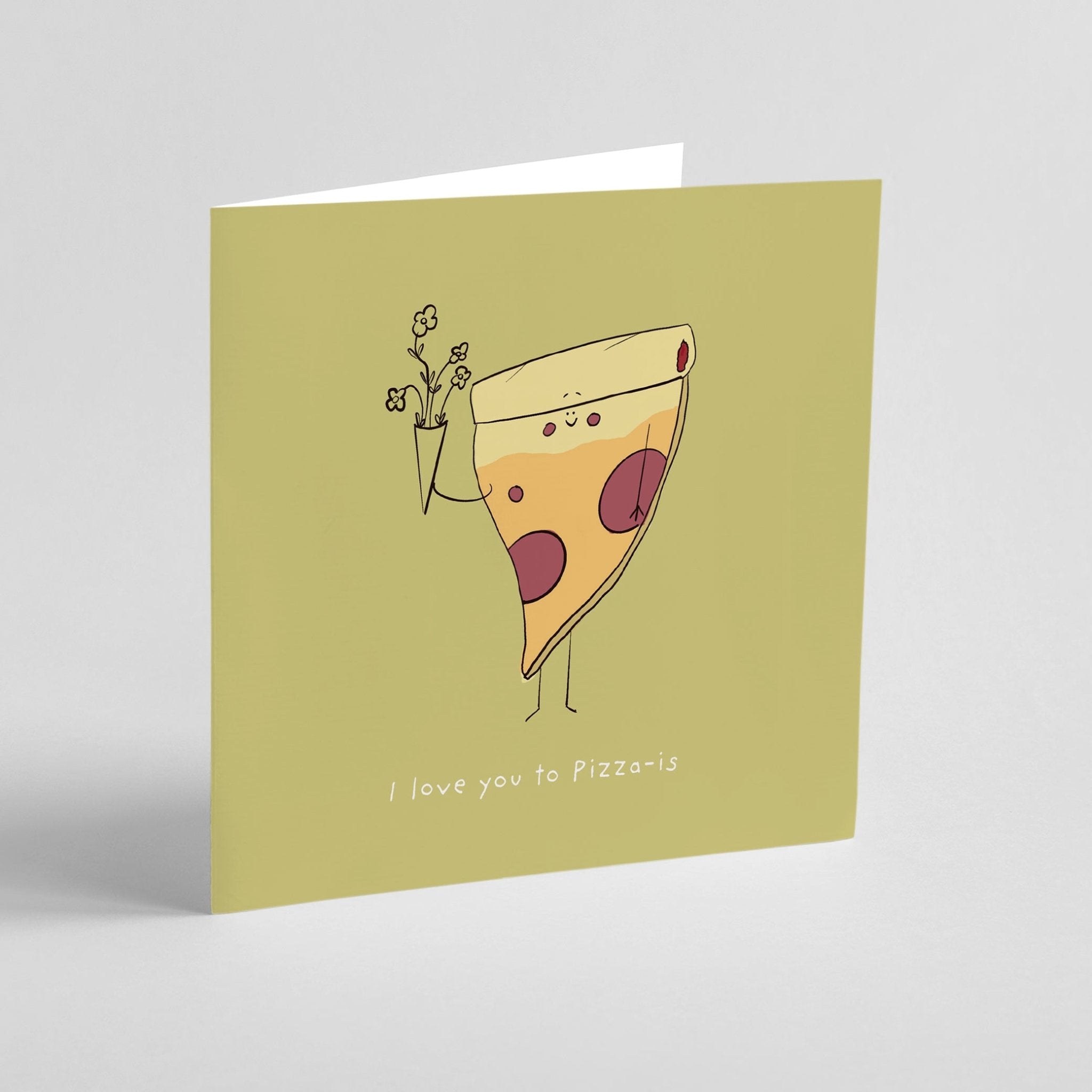 Greeting card with a pizza slice illustration and text on a light green background
