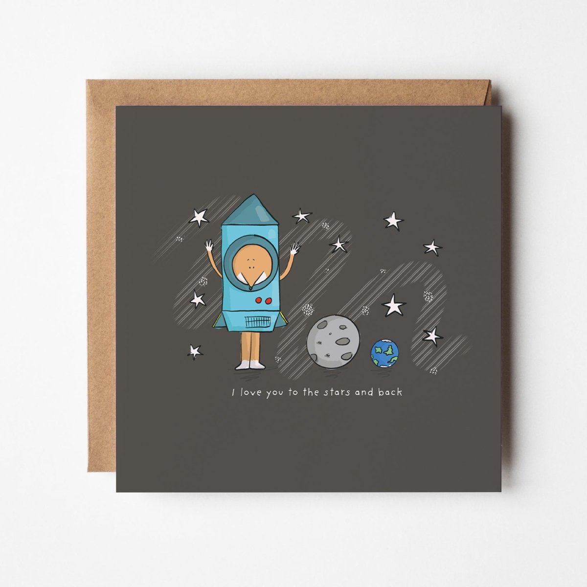 I Love You to the Stars and Back space love card featuring kawaii character in cardboard rocket