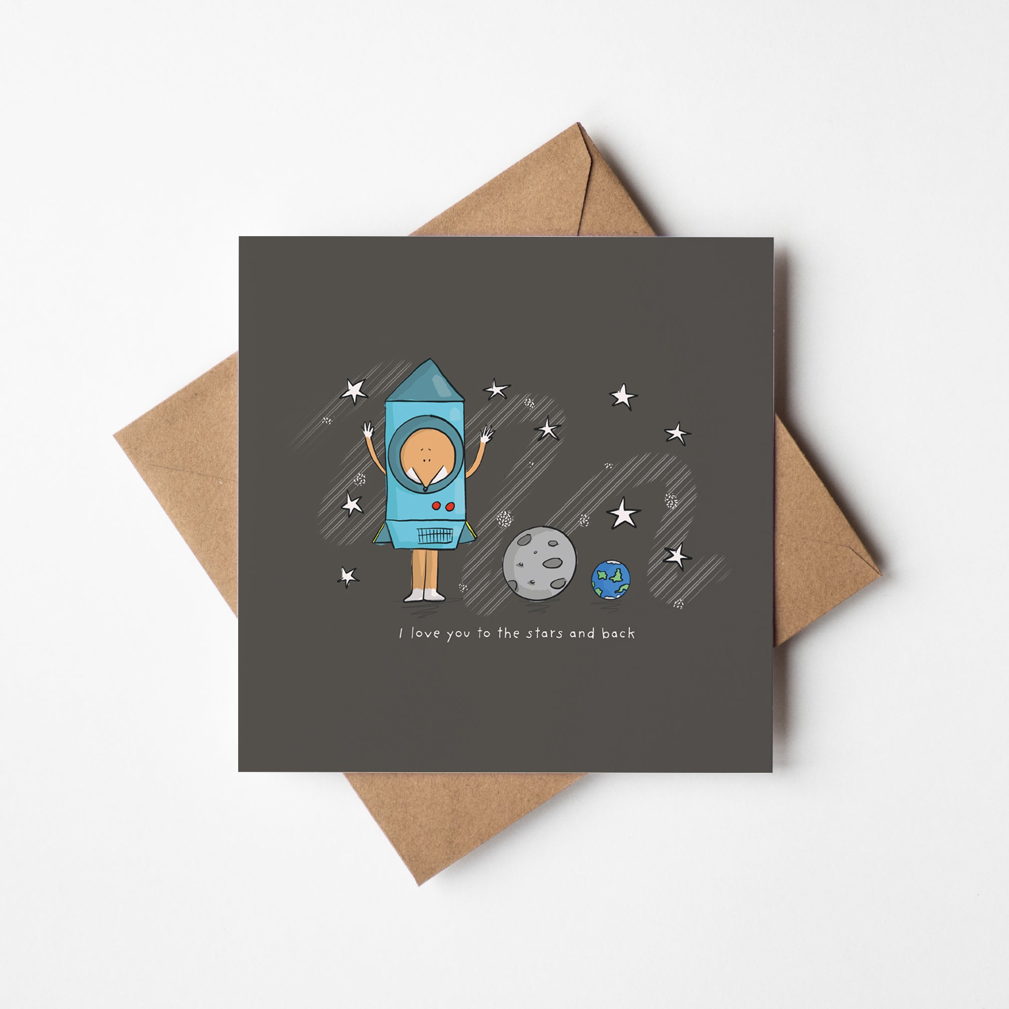 Romantic space card mockup with kawaii rocket character and kraft envelope