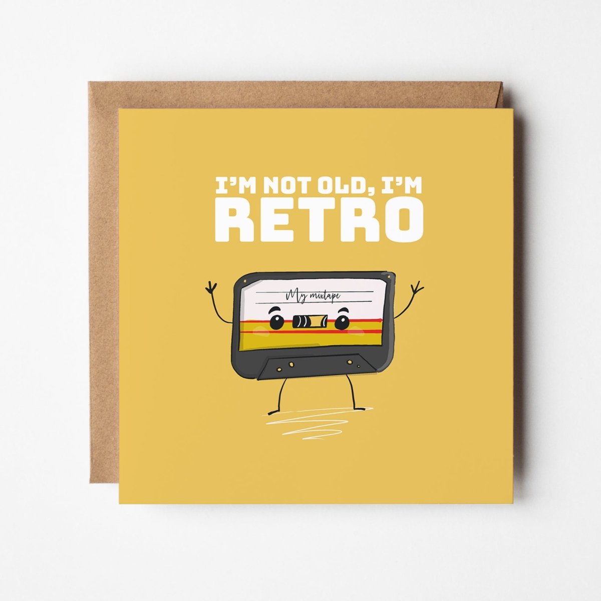 Funny retro birthday greeting card featuring nostalgic 80s and 90s elements