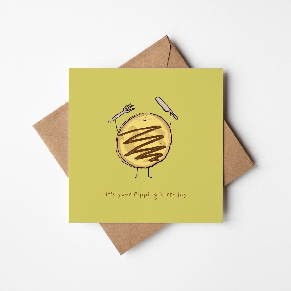 Funny pancake birthday card mockup showing cute pancake illustration with kawaii design
