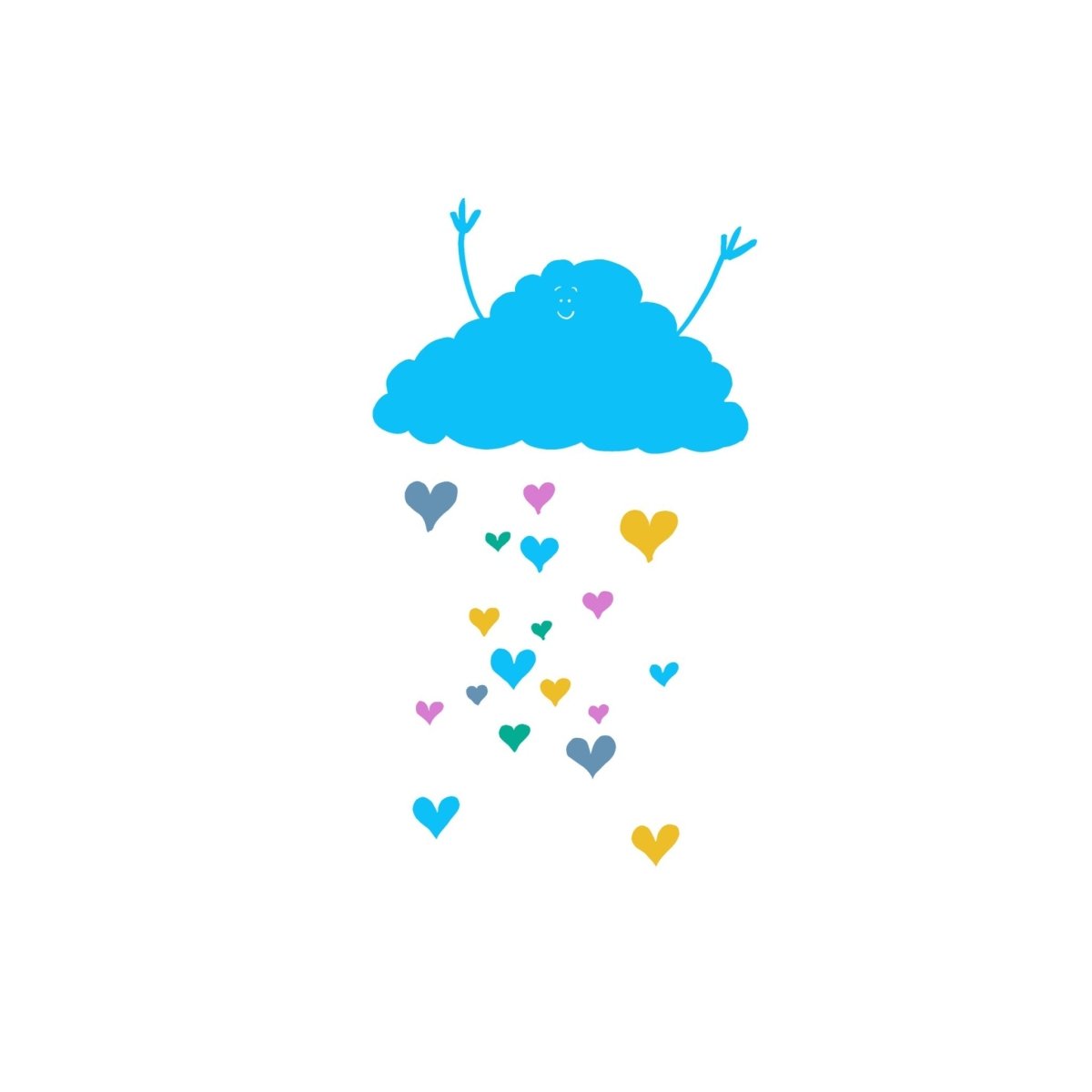 Blue cloud with colorful hearts raining down on a white background