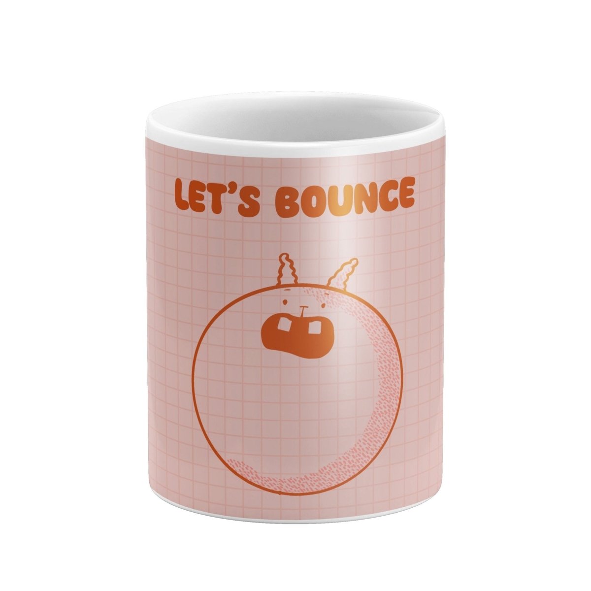 Let’s Bounce Mug – Cute Orange Monster on Grid BackgroundMugs