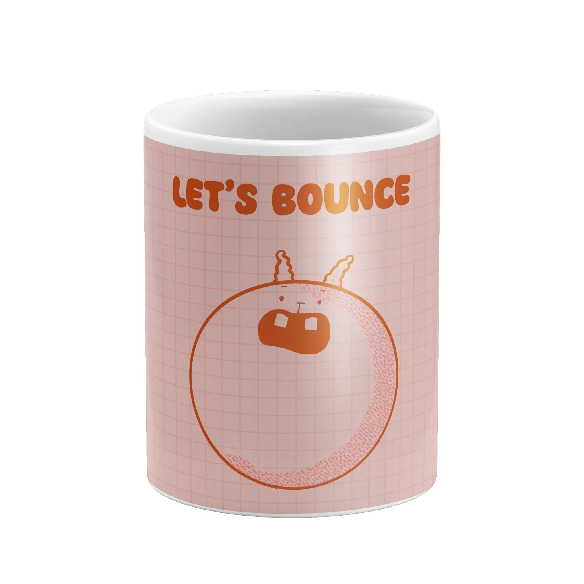 Let’s Bounce Mug – Cute Orange Monster on Grid Background - Richard DaraniMugs