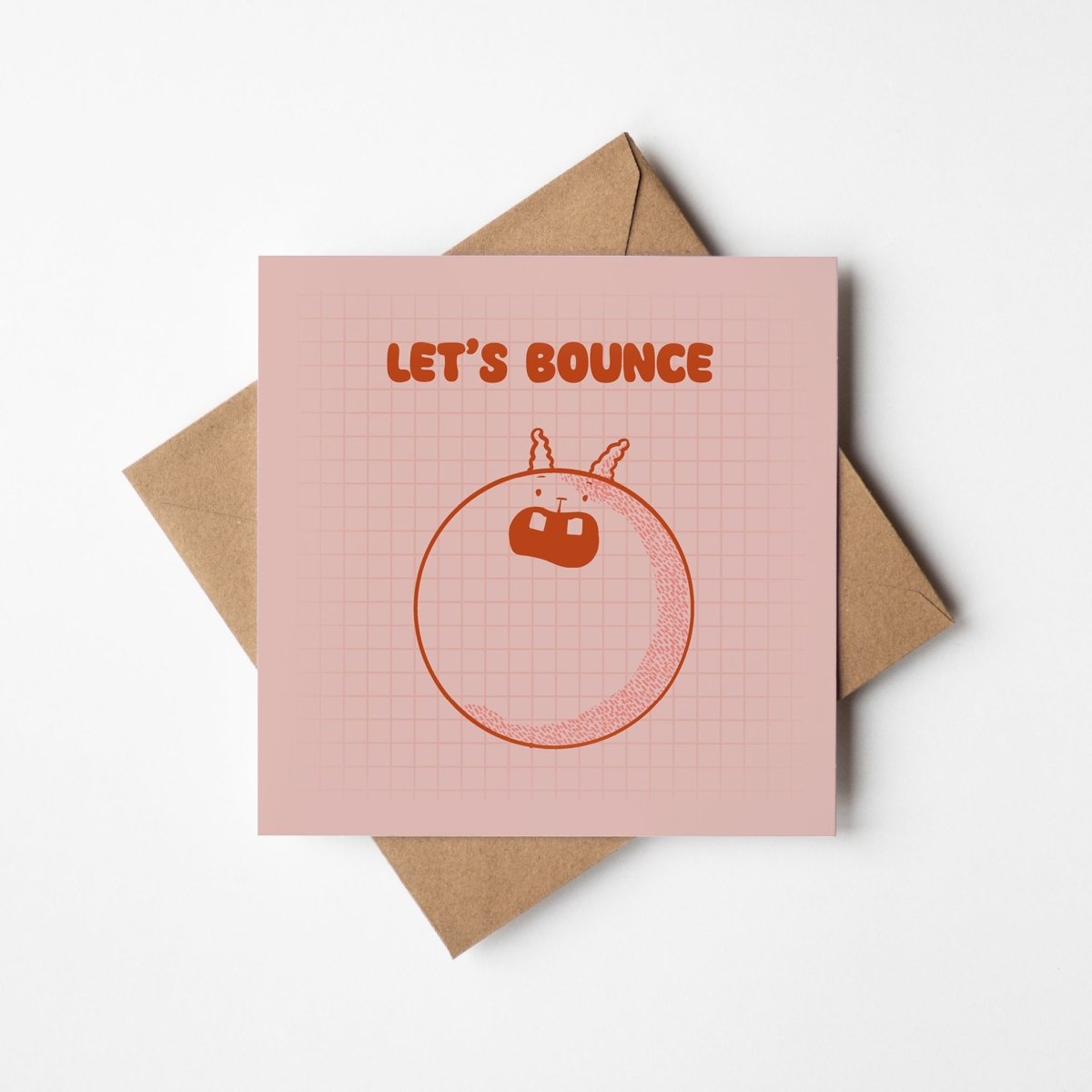 Greeting card with retro space hopper illustration on pink grid background