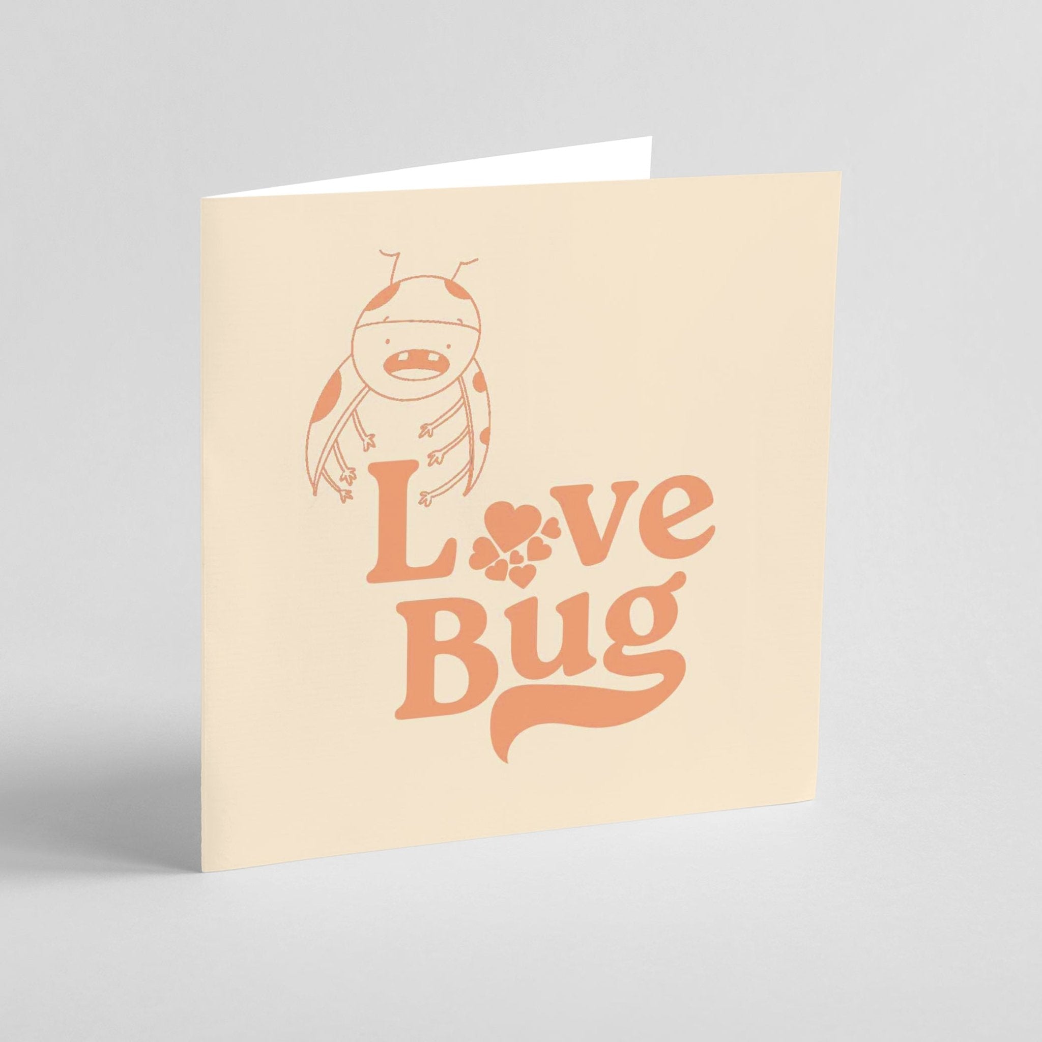 Greeting card with adorable ladybird beetle illustration and love bug message on cream background