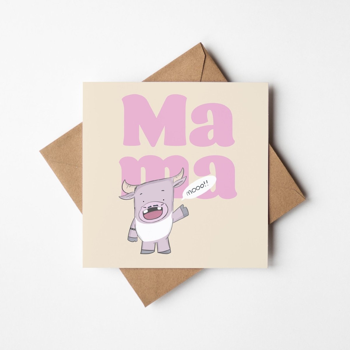 Greeting card with cute purple cow illustration and Mama message on pink background with the words Mama Moooo