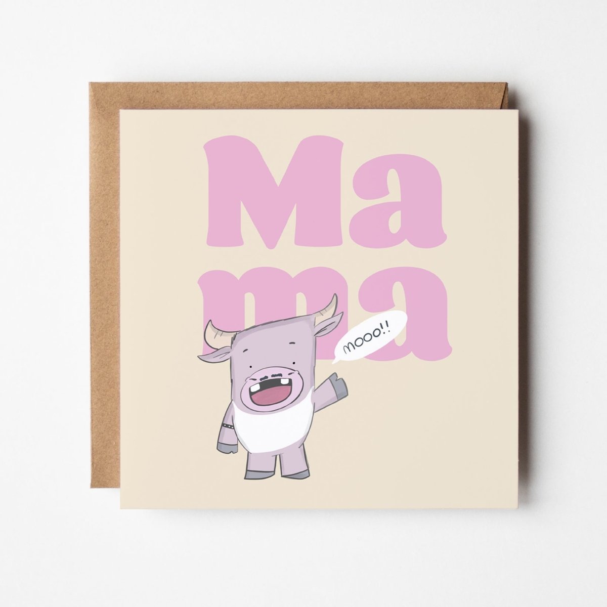 Mama Cow Mother's Day card featuring a kawaii purple cow dressed as Freddie Mercury, saying moo 