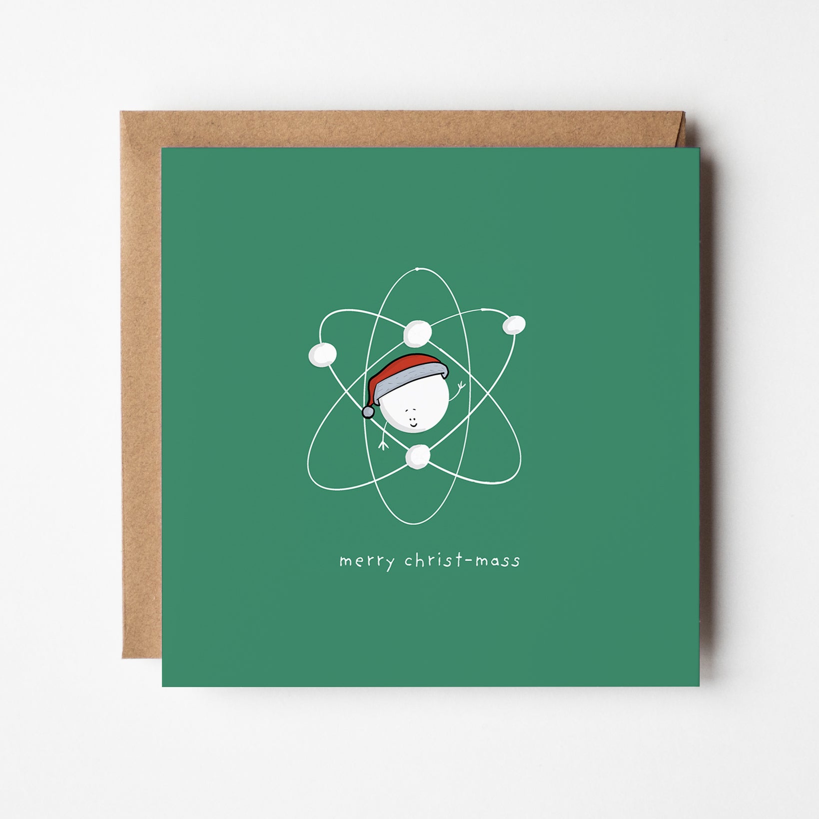 Merry Christ-Mass science Christmas card featuring kawaii atom with Santa hat