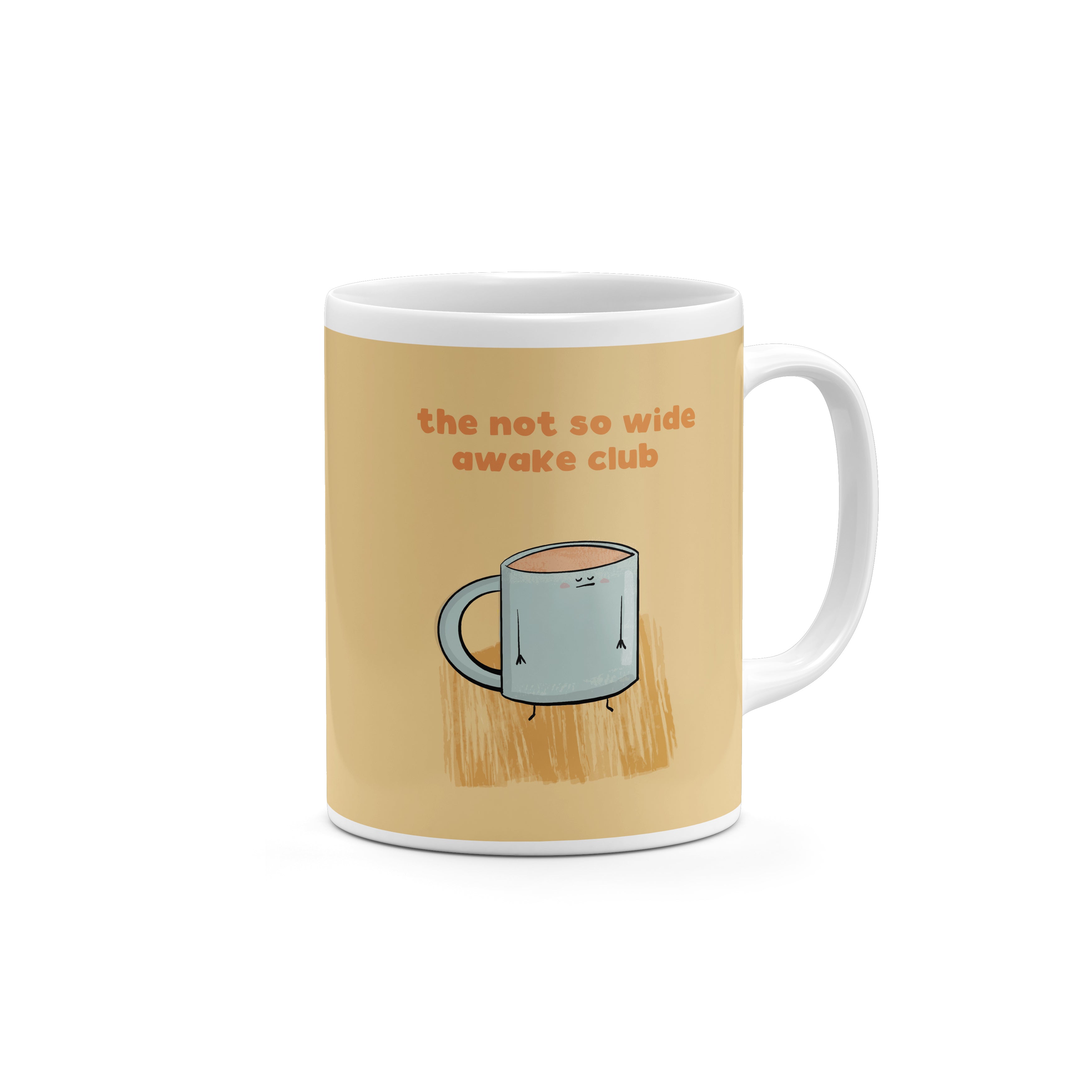 Not So Wide Awake Club mug shown front-on with sleepy cup artwork