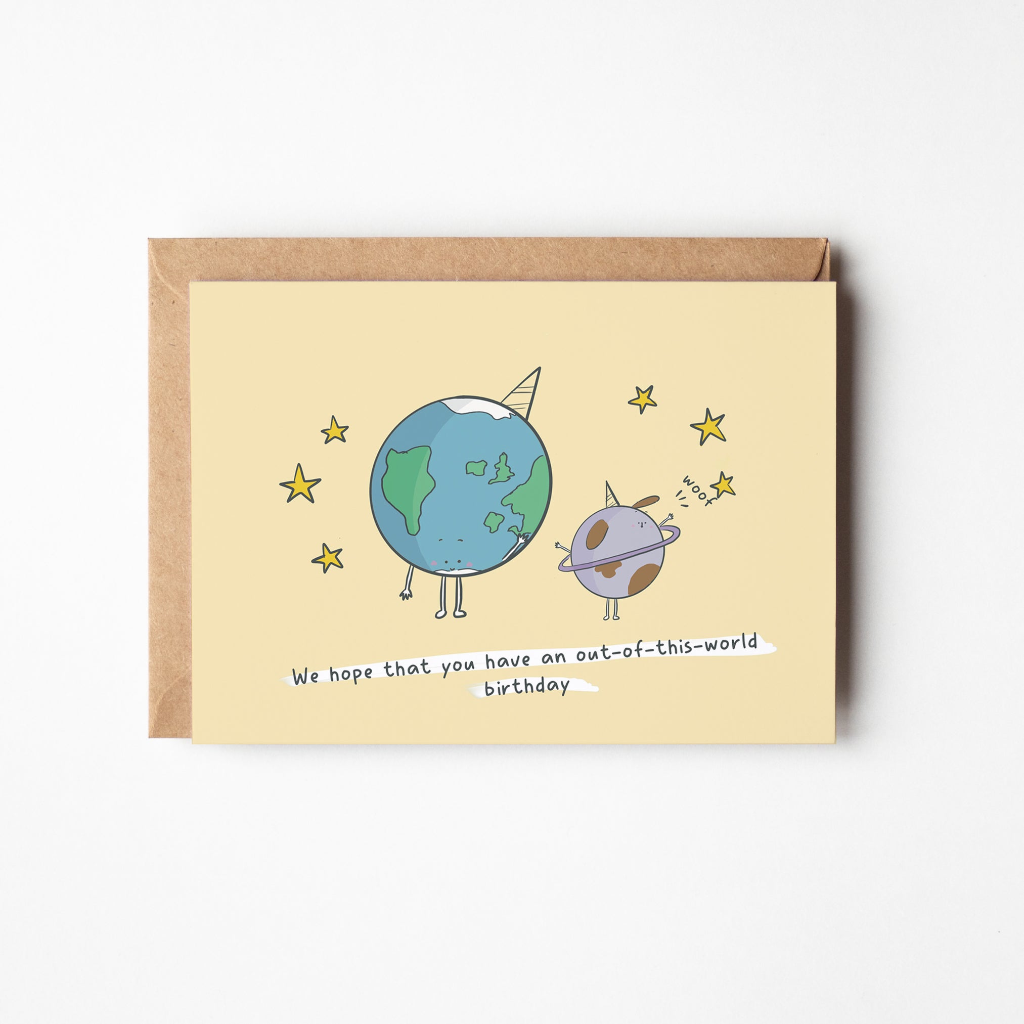 Out of This World birthday card with smiling planets and stars – kawaii space greeting card UK