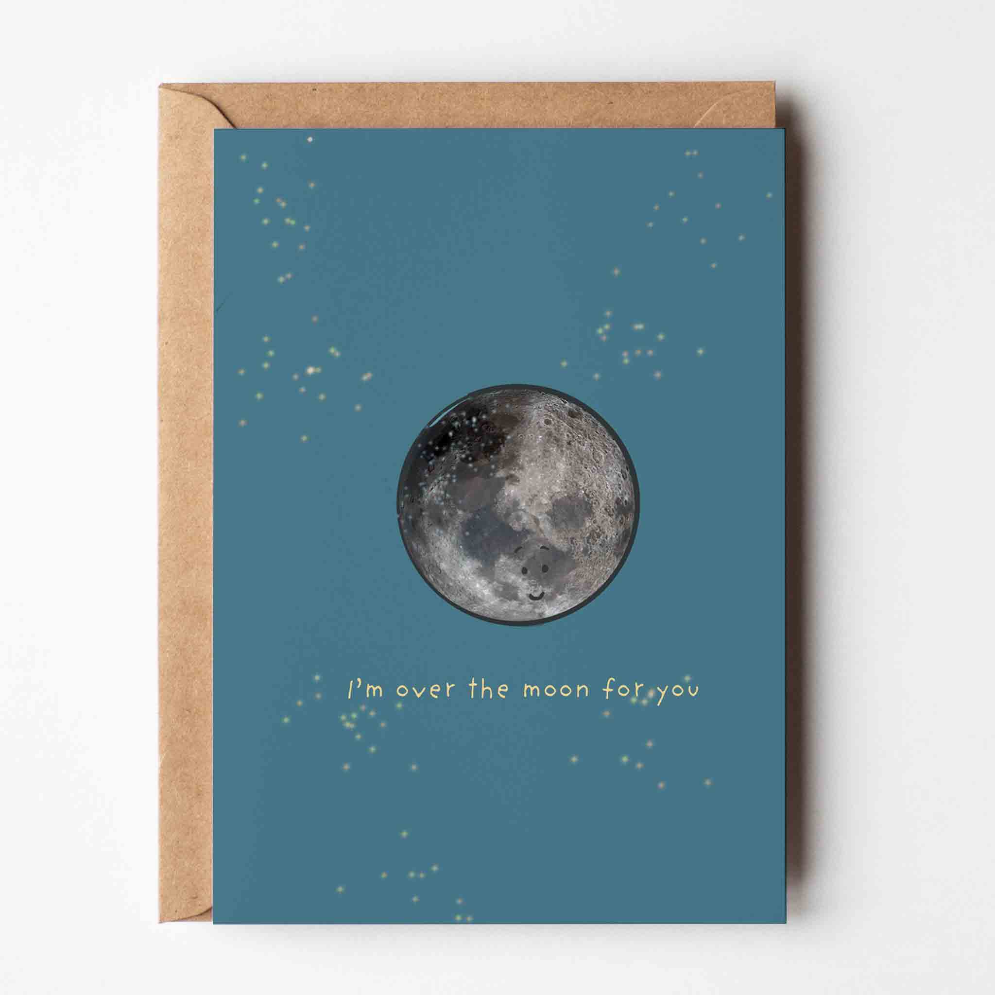 Over the Moon for You Greeting Card | Romantic Moon-Themed Card – fun and illustrated greeting & note cards by Richard Darani