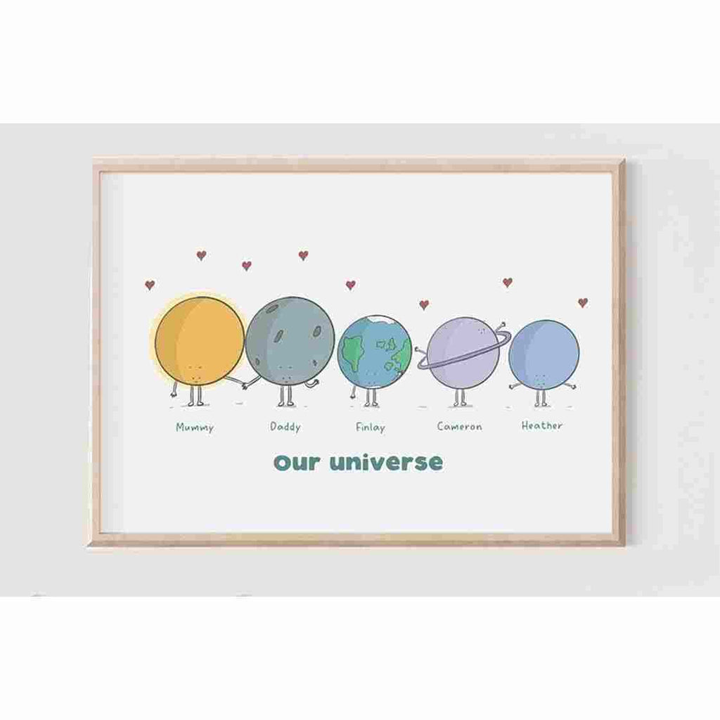 Customizable art print with colourful planets named after family members and hearts floating around, titled 'our universe' 