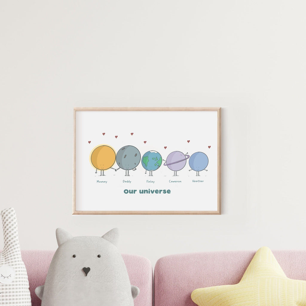 Our Universe' art print, depicting family members as cute planets with names, surrounded by hearts, symbolizing family love and unity