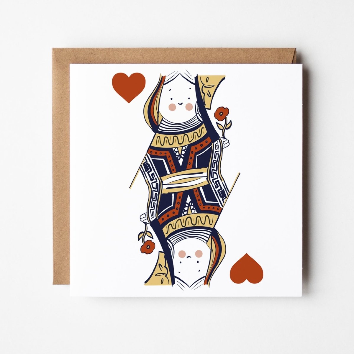 Queen of Hearts playing card greeting card featuring illustrated queen character with flowing hair