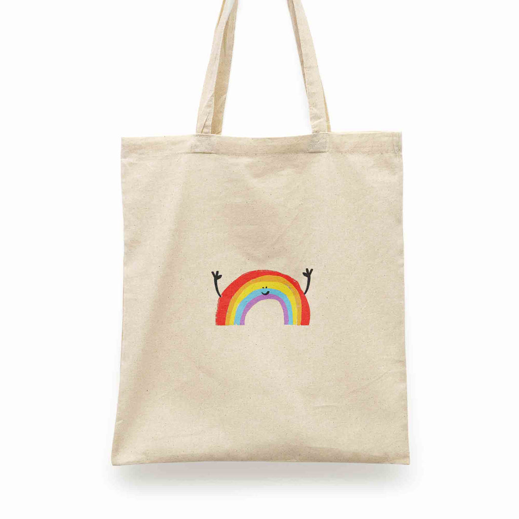 "A colorful Radiant Rainbow Tote Bag by Richard Darani featuring a unique rainbow design on durable cotton, ideal for adding a pop of color to your daily errands."