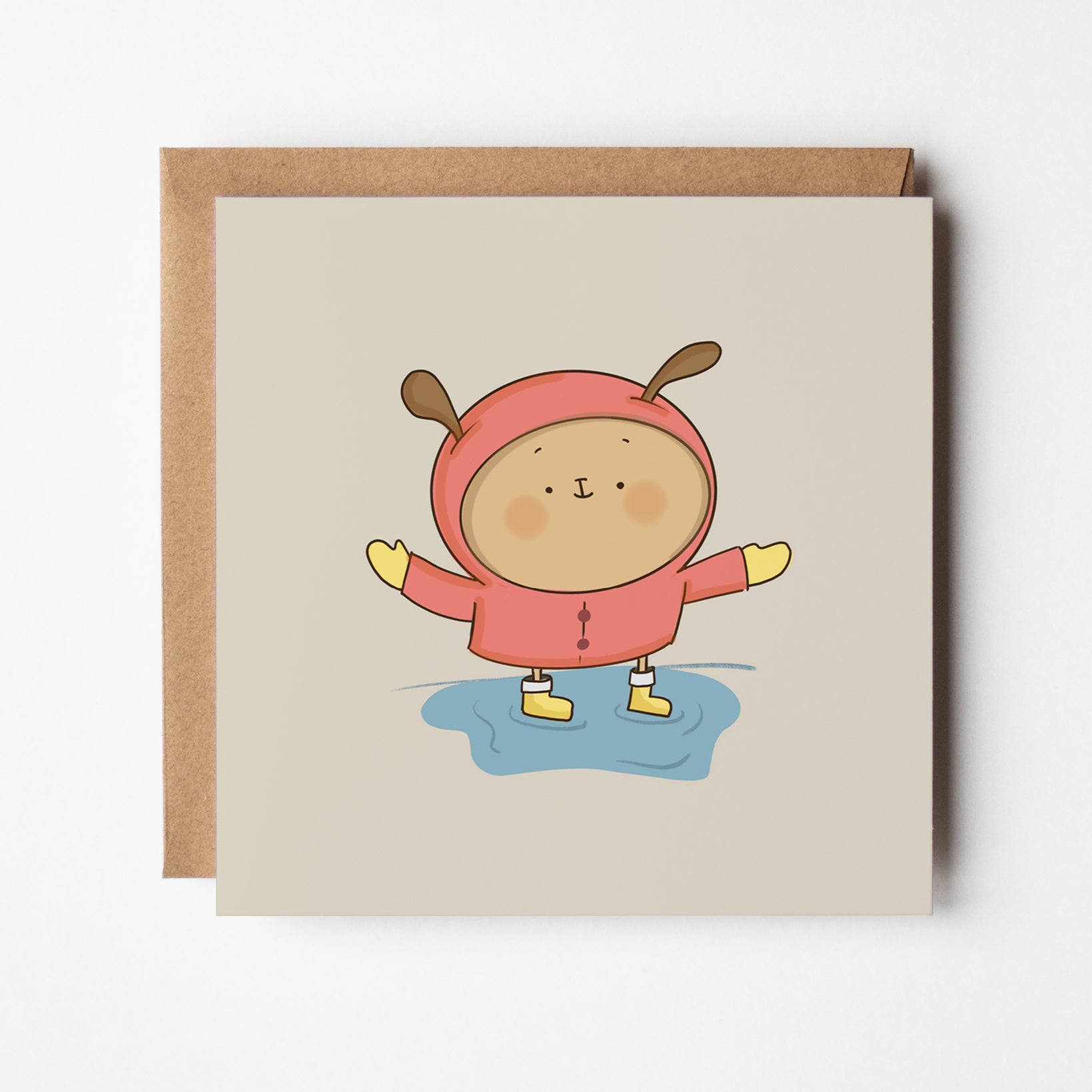 Rainy day greeting card featuring kawaii character in coral raincoat splashing in puddles