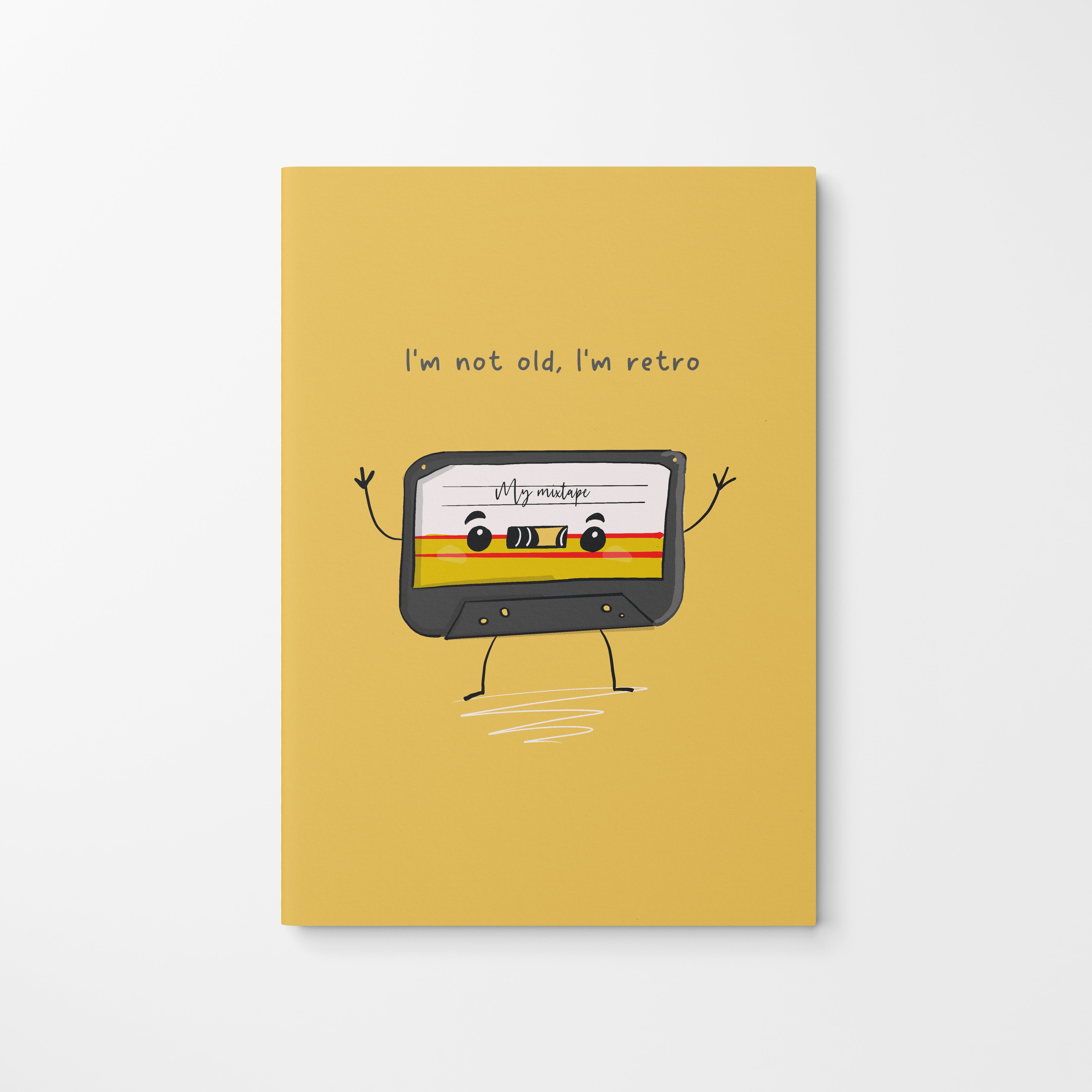 I'm Not Old, I'm Retro A5 notebook with smiling cassette character – kawaii retro stationery UK