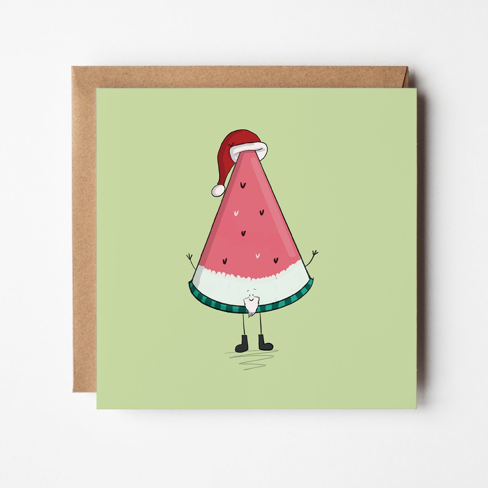 Cute watermelon slice dressed as Santa Claus holiday greeting car