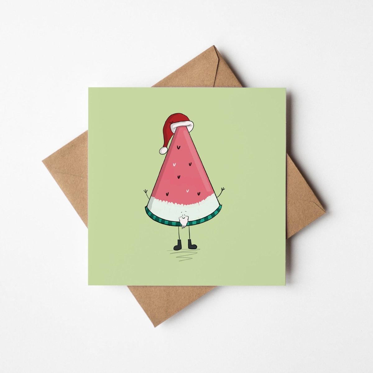 Santa watermelon Christmas card with festive hat and holly kawaii style