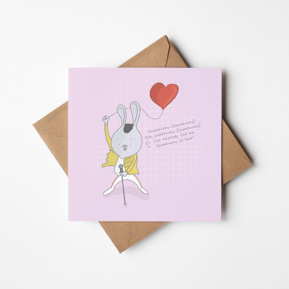Kawaii bunny dressed as Freddie Mercury with 'Some Bunny to Love' Valentine's Day greeting card