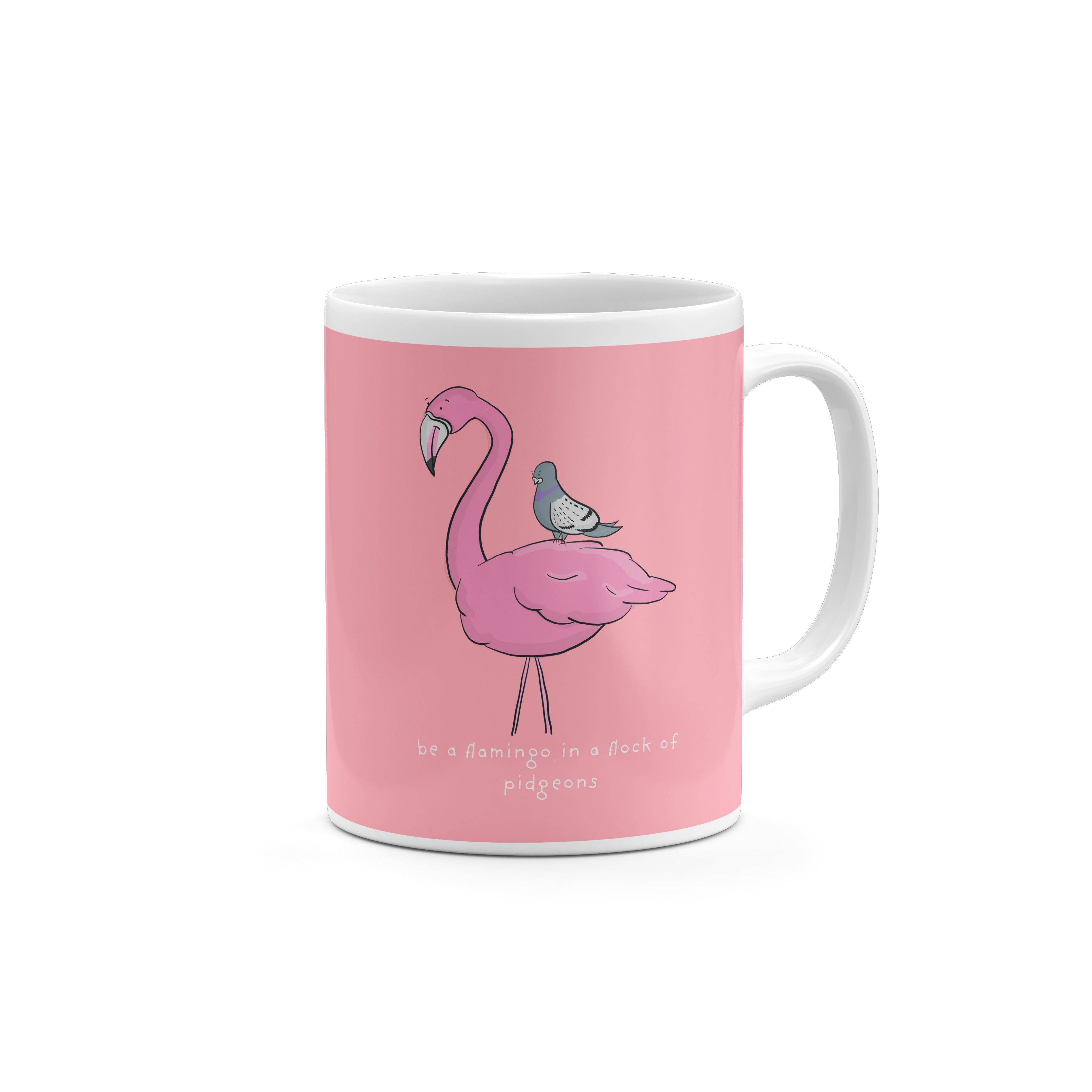 A pink mug with a cartoon illustration of a flamingo and a pigeon on it.