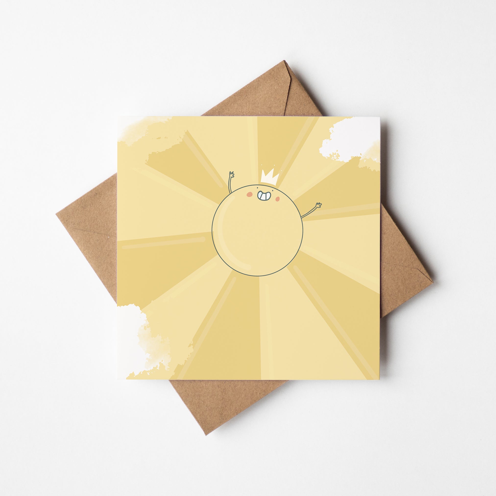 Sunshine card mockup showing uplifting positivity design with kraft envelope