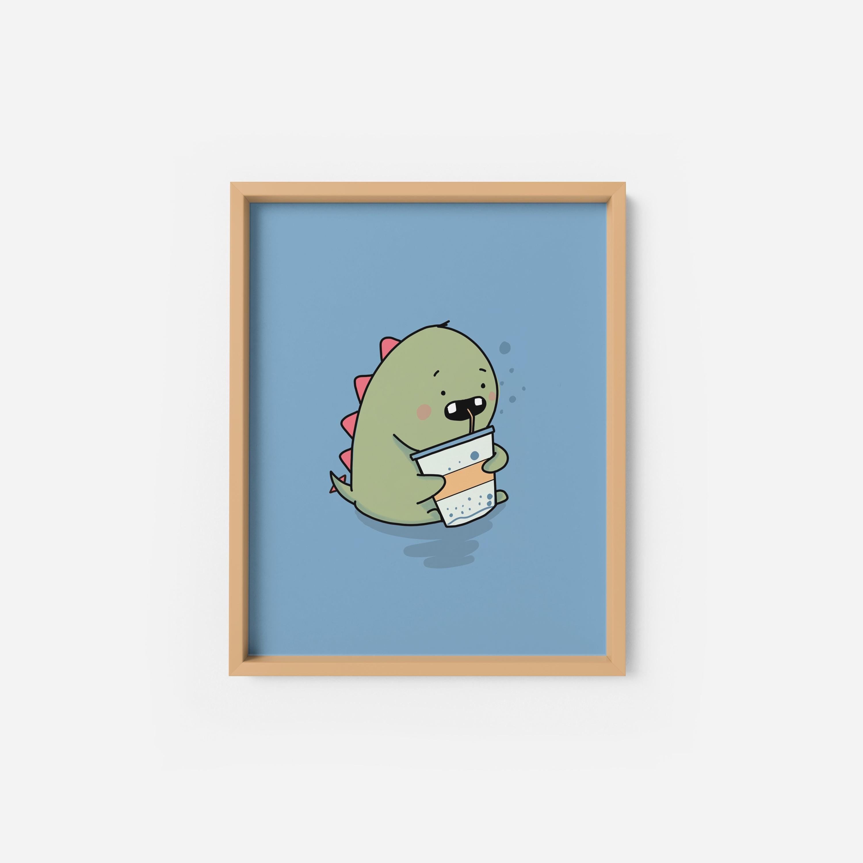 Tea Rex Dinosaur Art Print – Blue Dino Wall Art