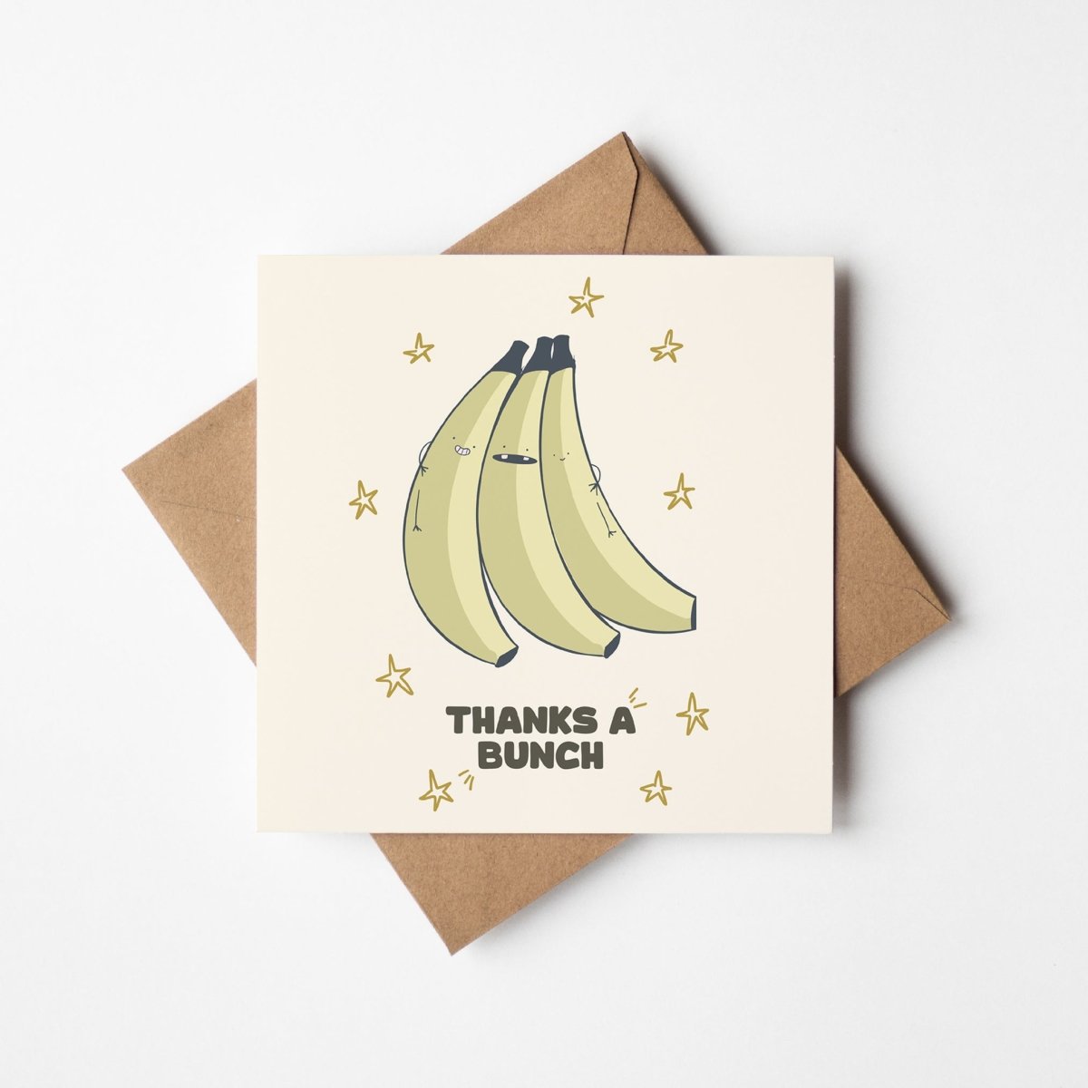 hanks a bunch greeting card with cute banana illustration displayed on white background