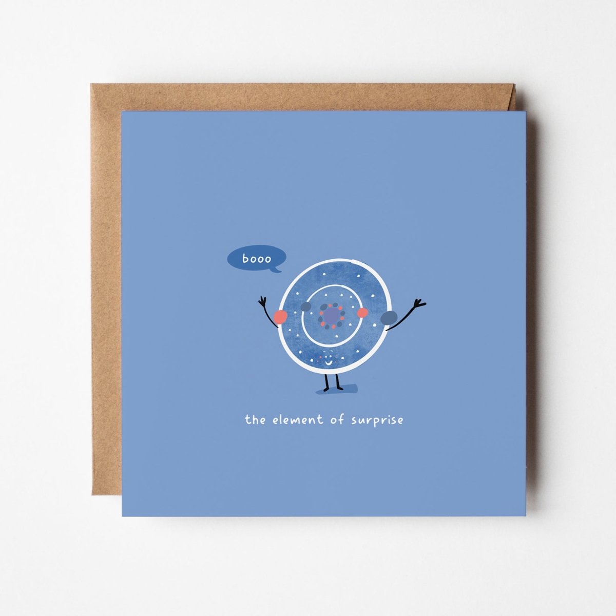 Element of Surprise greeting card with cute kawaii periodic table character